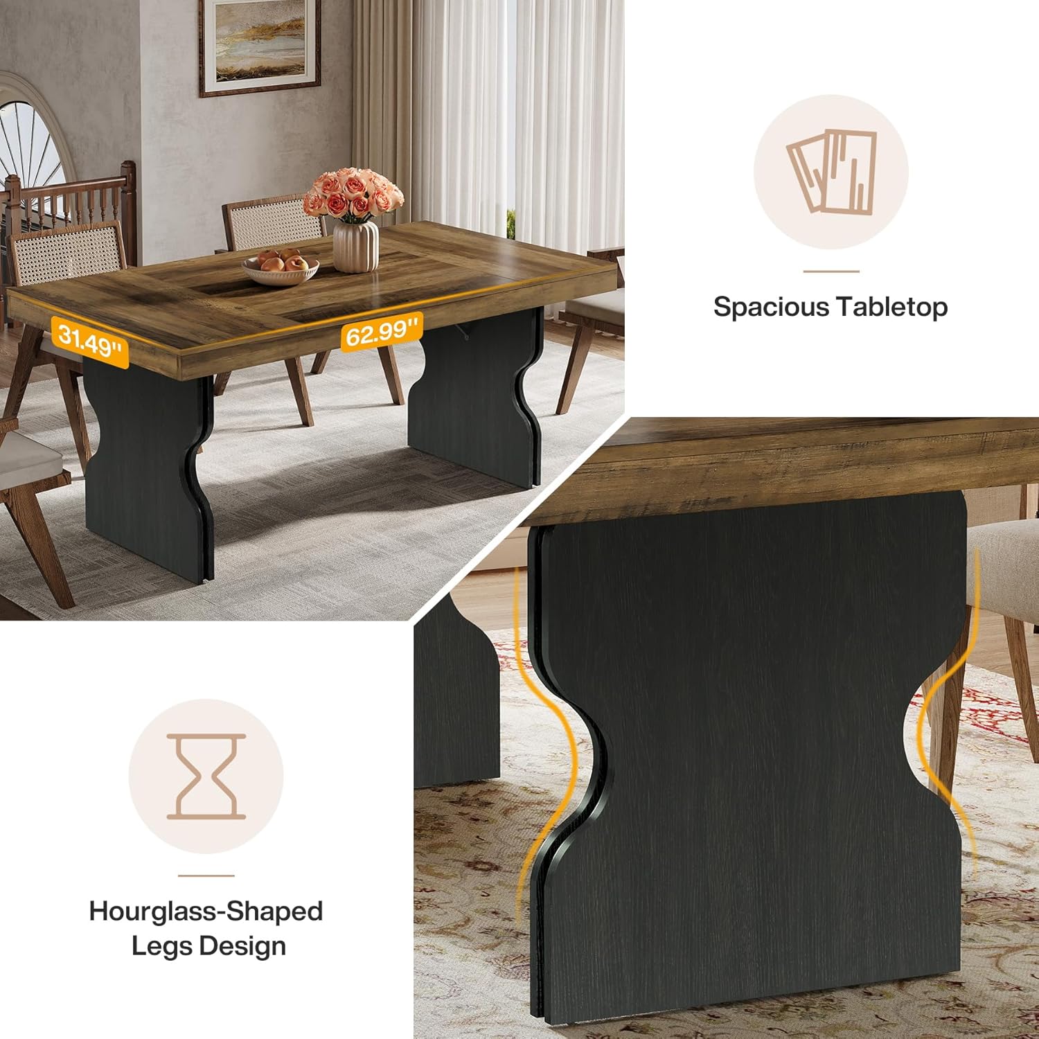 63" Dining Table, Rectangle Kitchen Dinner Table with Hourglass Shape Legs for 4-6