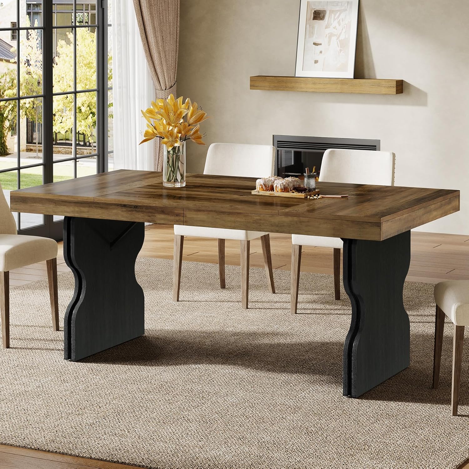 63" Dining Table, Rectangle Kitchen Dinner Table with Hourglass Shape Legs for 4-6