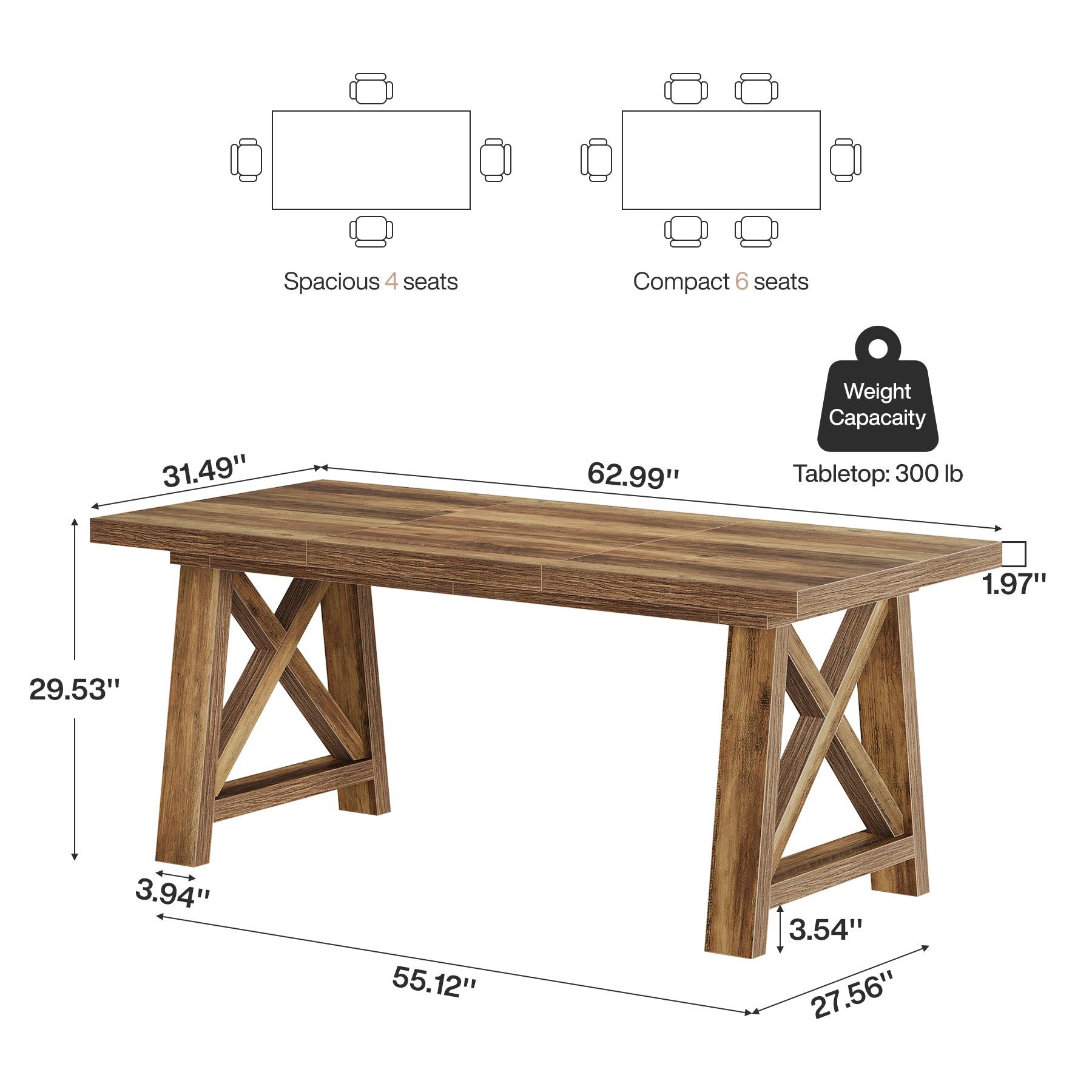 63" Dining Table, Rectangle Kitchen Table with X-Shaped Legs for 4 to 6