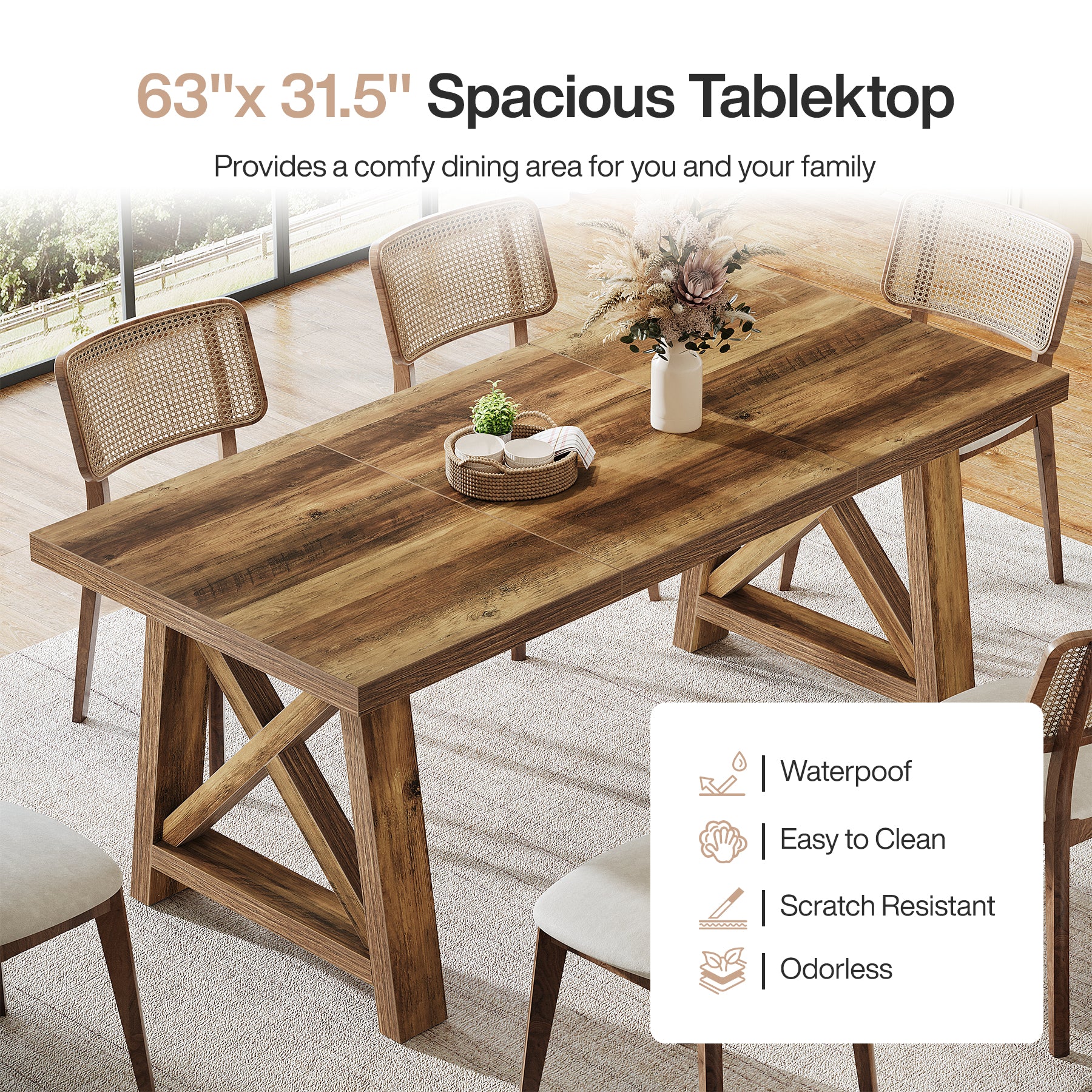 63" Dining Table, Rectangle Kitchen Table with X-Shaped Legs for 4 to 6