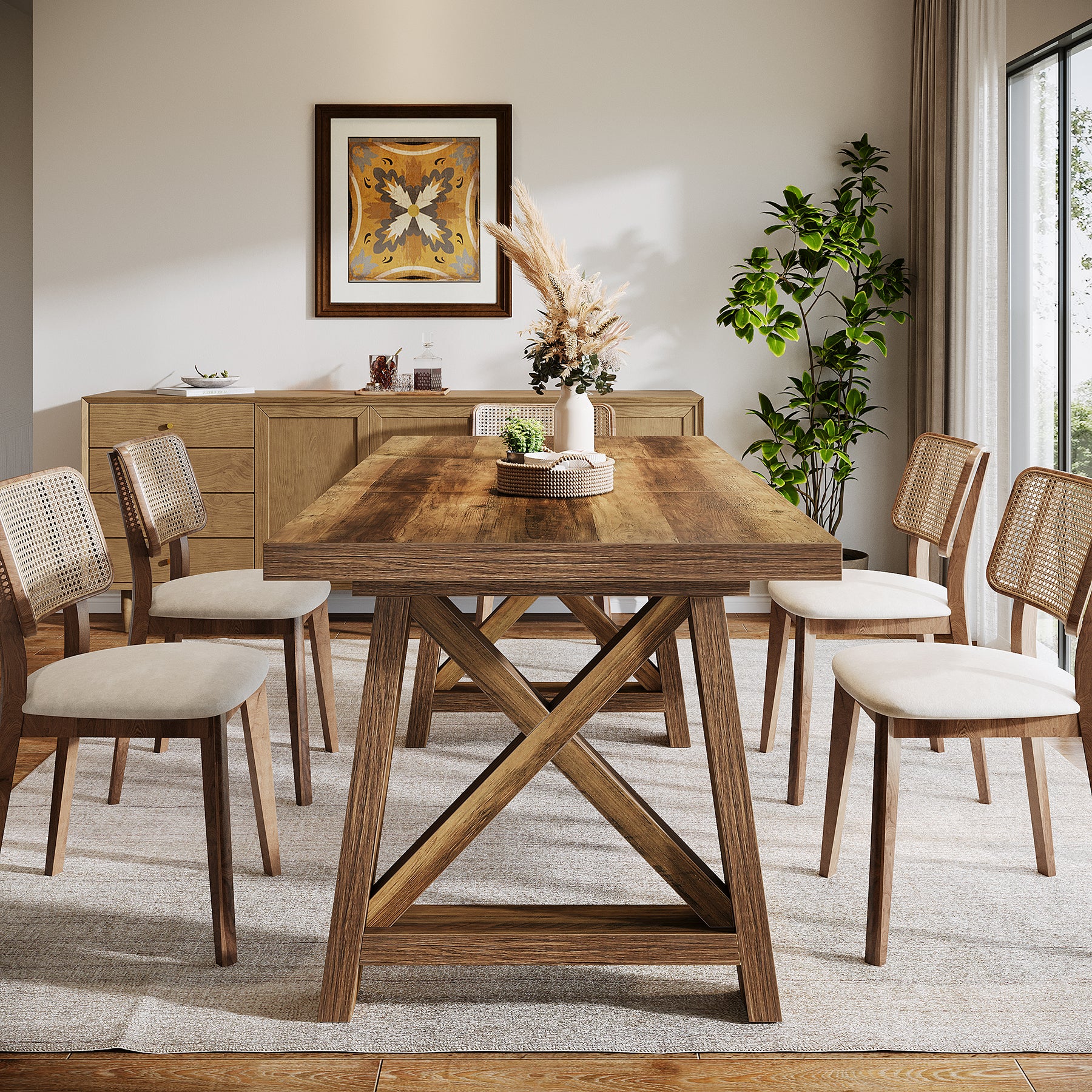 63" Dining Table, Rectangle Kitchen Table with X-Shaped Legs for 4 to 6