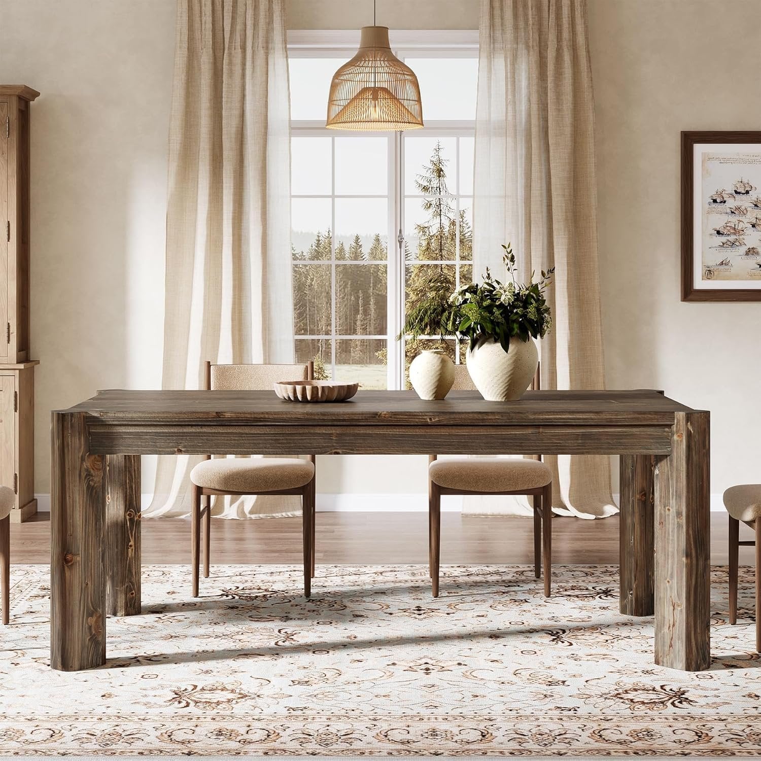 63" Dining Table, Solid Wood Kitchen Table with Heavy Duty Legs for 6 People