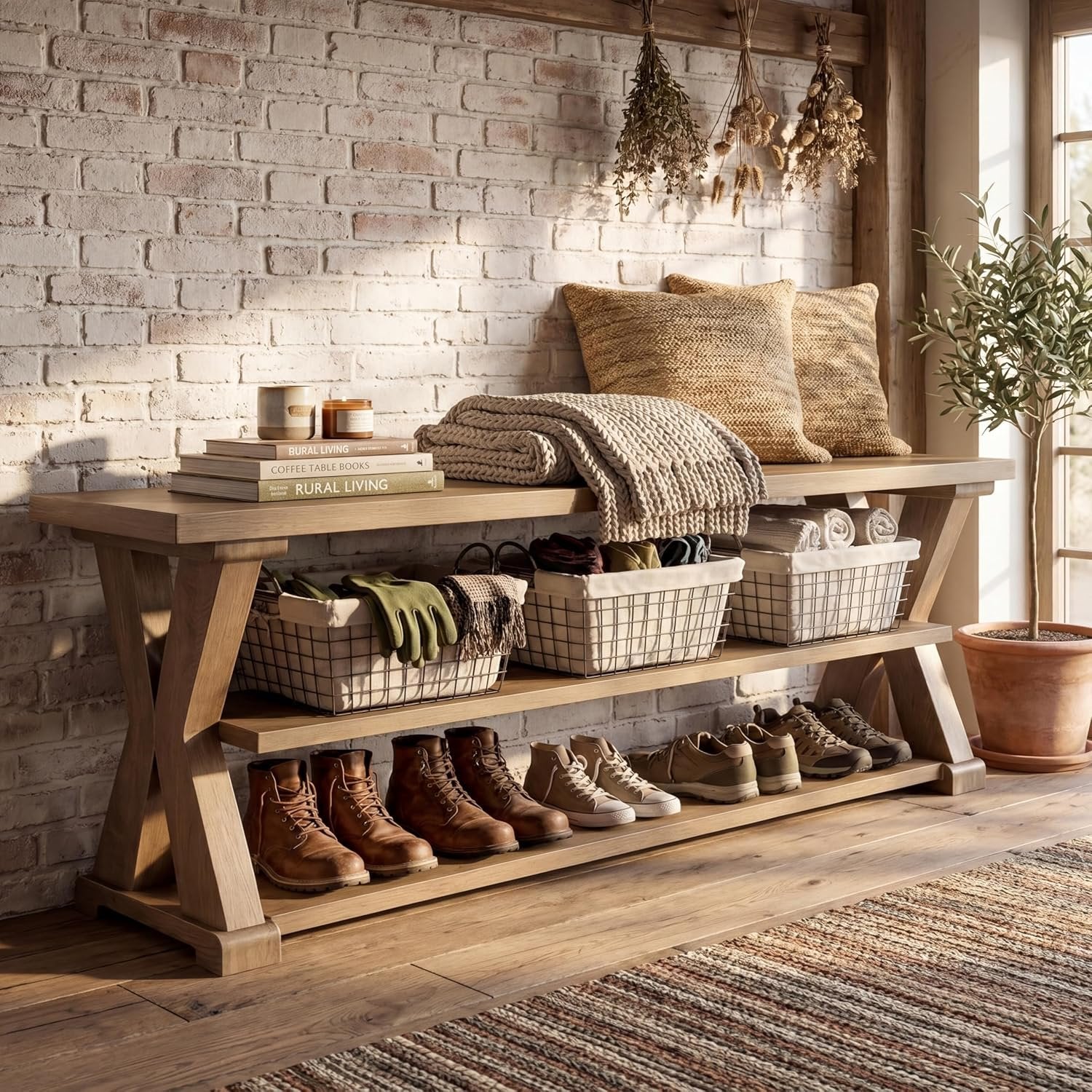 63" Entryway Storage Bench, Farmhouse Wooden Shoe Bench Seat with Storage Shelves