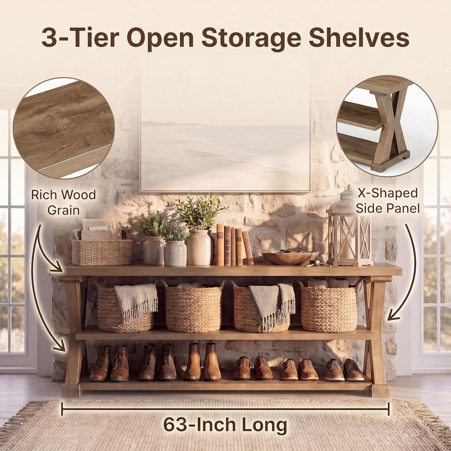 63" Entryway Storage Bench, Farmhouse Wooden Shoe Bench Seat with Storage Shelves