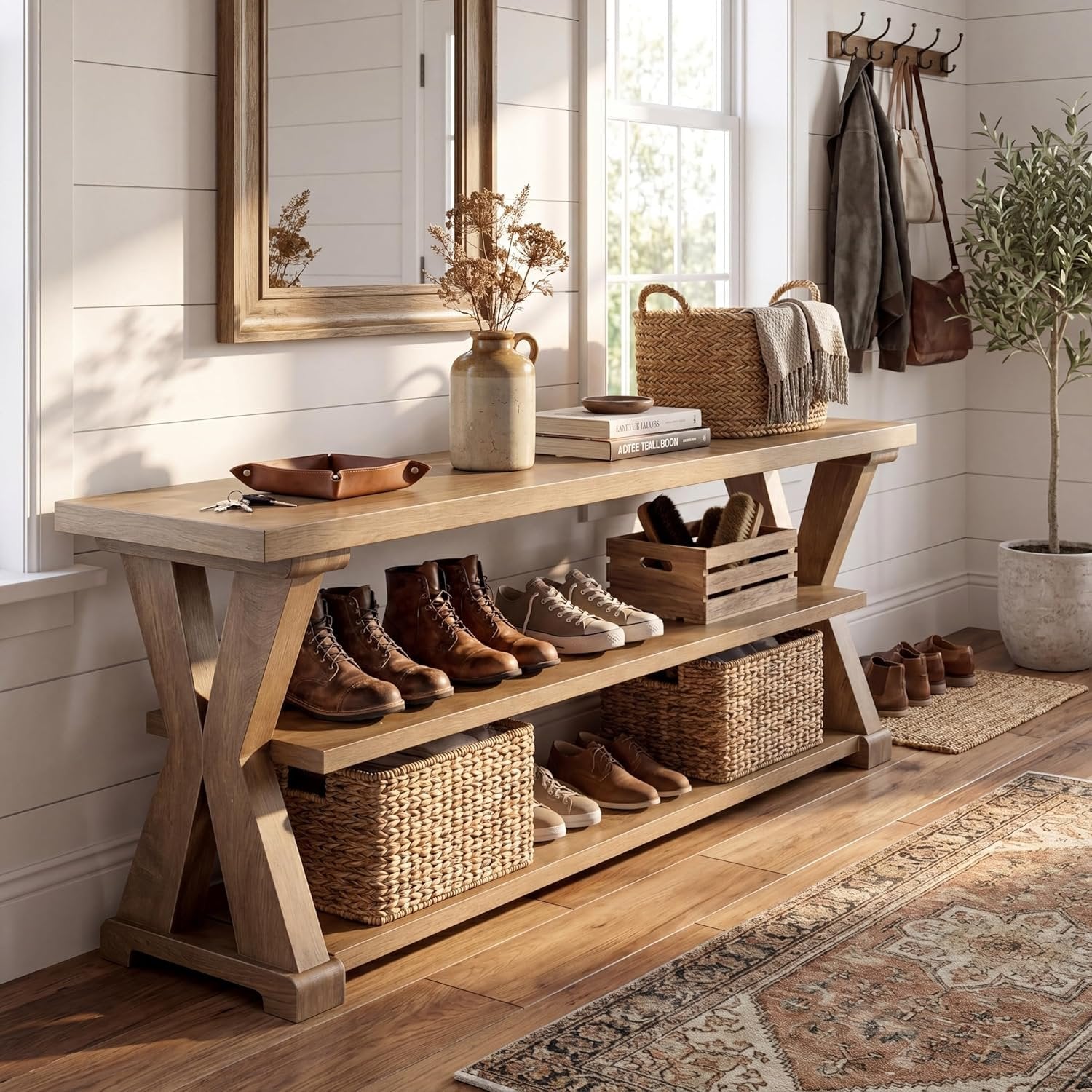 63" Entryway Storage Bench, Farmhouse Wooden Shoe Bench Seat with Storage Shelves