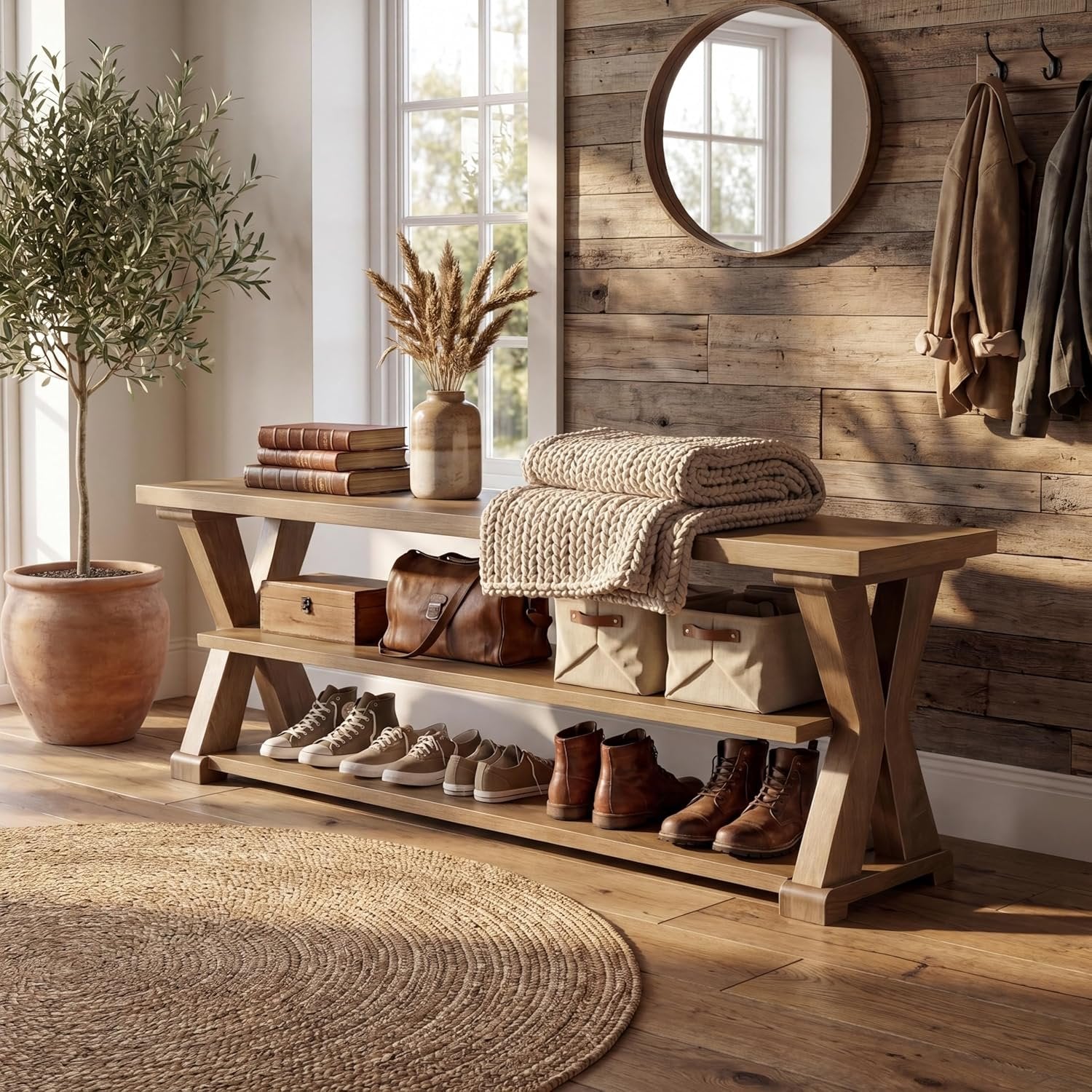 63" Entryway Storage Bench, Farmhouse Wooden Shoe Bench Seat with Storage Shelves
