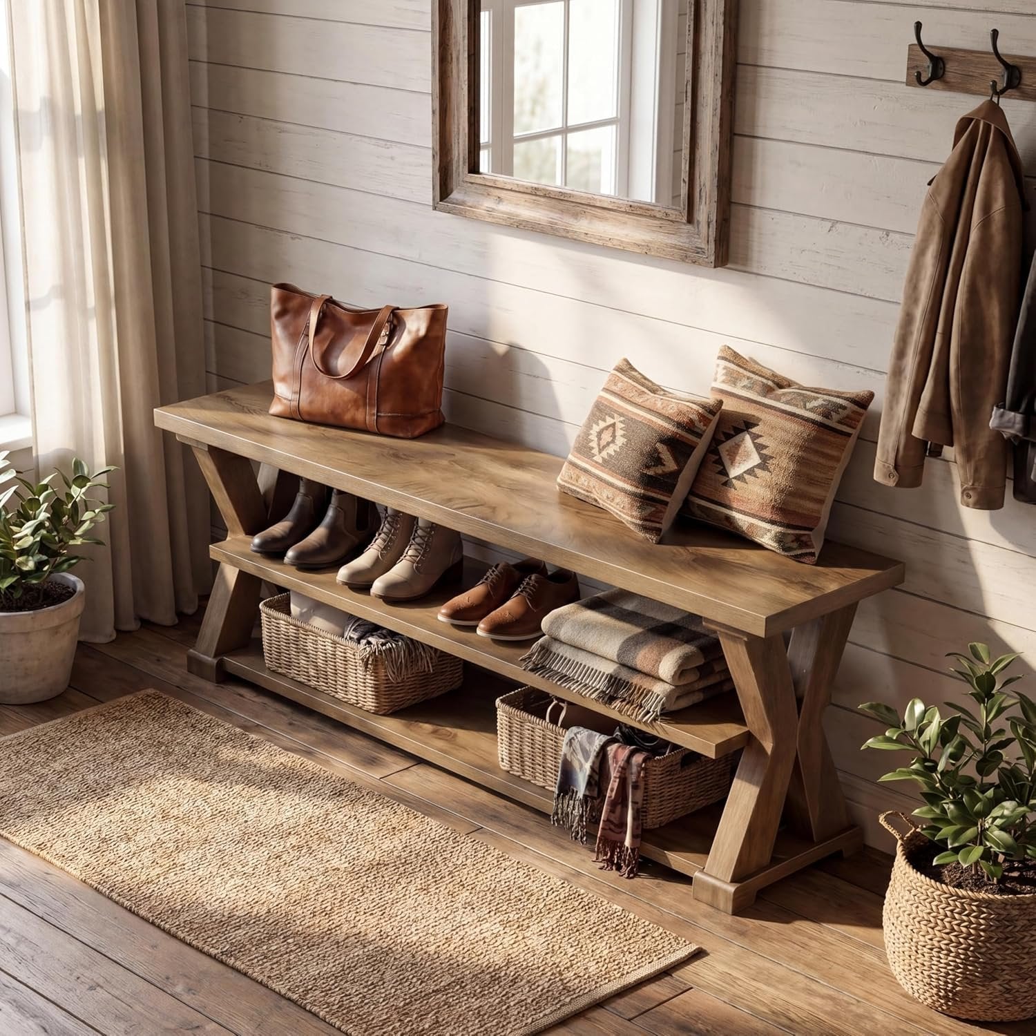 63" Entryway Storage Bench, Farmhouse Wooden Shoe Bench Seat with Storage Shelves
