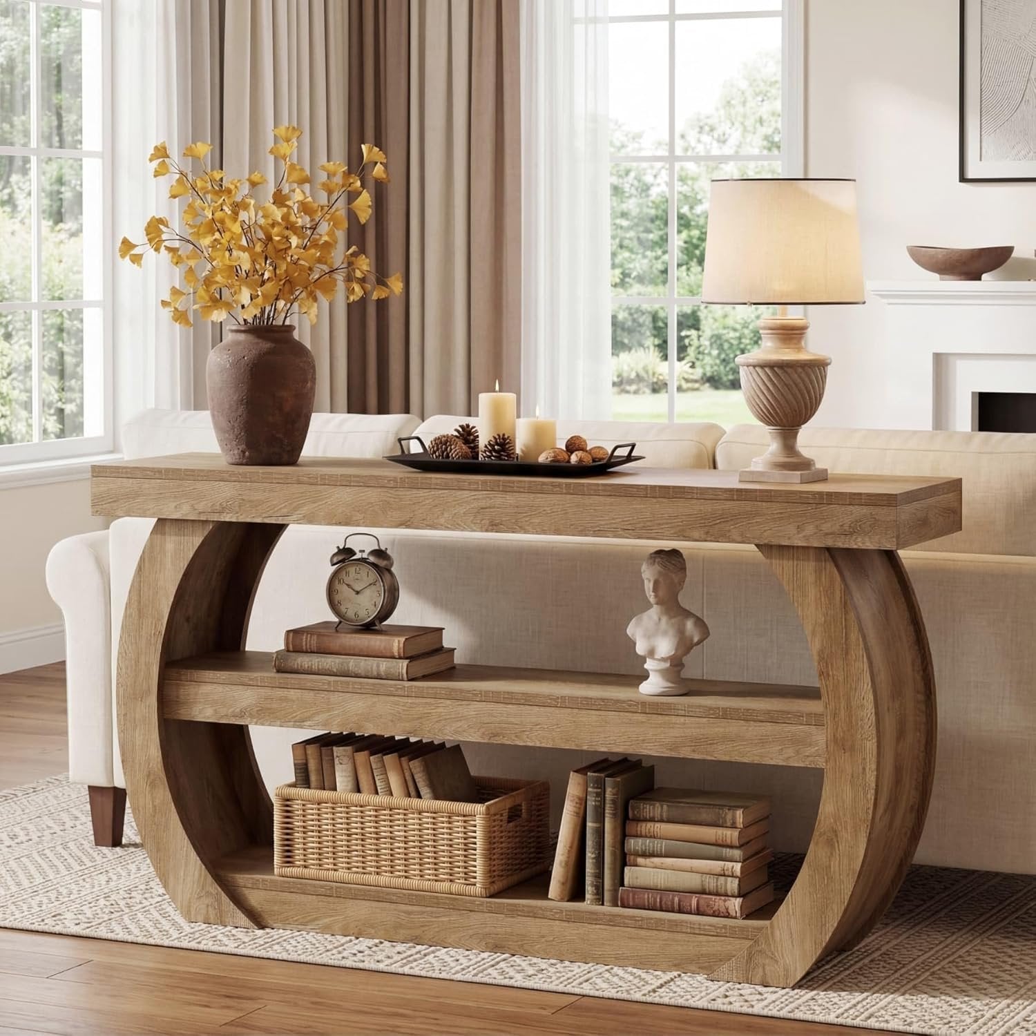 63" Farmhouse Console Table, 3-Tier Wooden Entryway Table Sofa Console