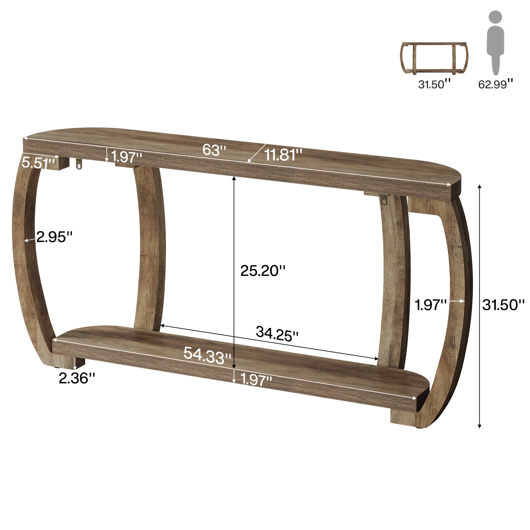 63" Farmhouse Console Table, Wooden Sofa Entryway Table with Curved Legs