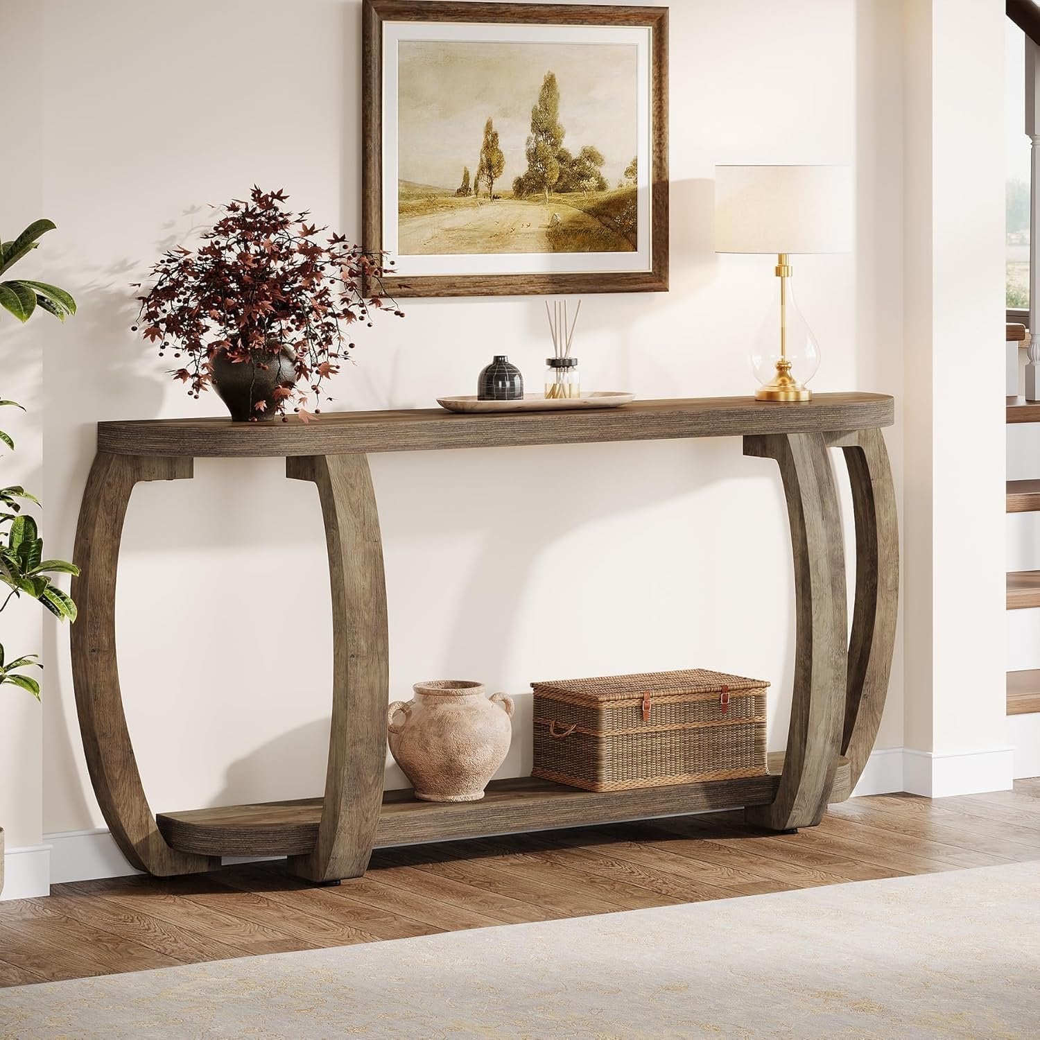 63" Farmhouse Console Table, Wooden Sofa Entryway Table with Curved Legs