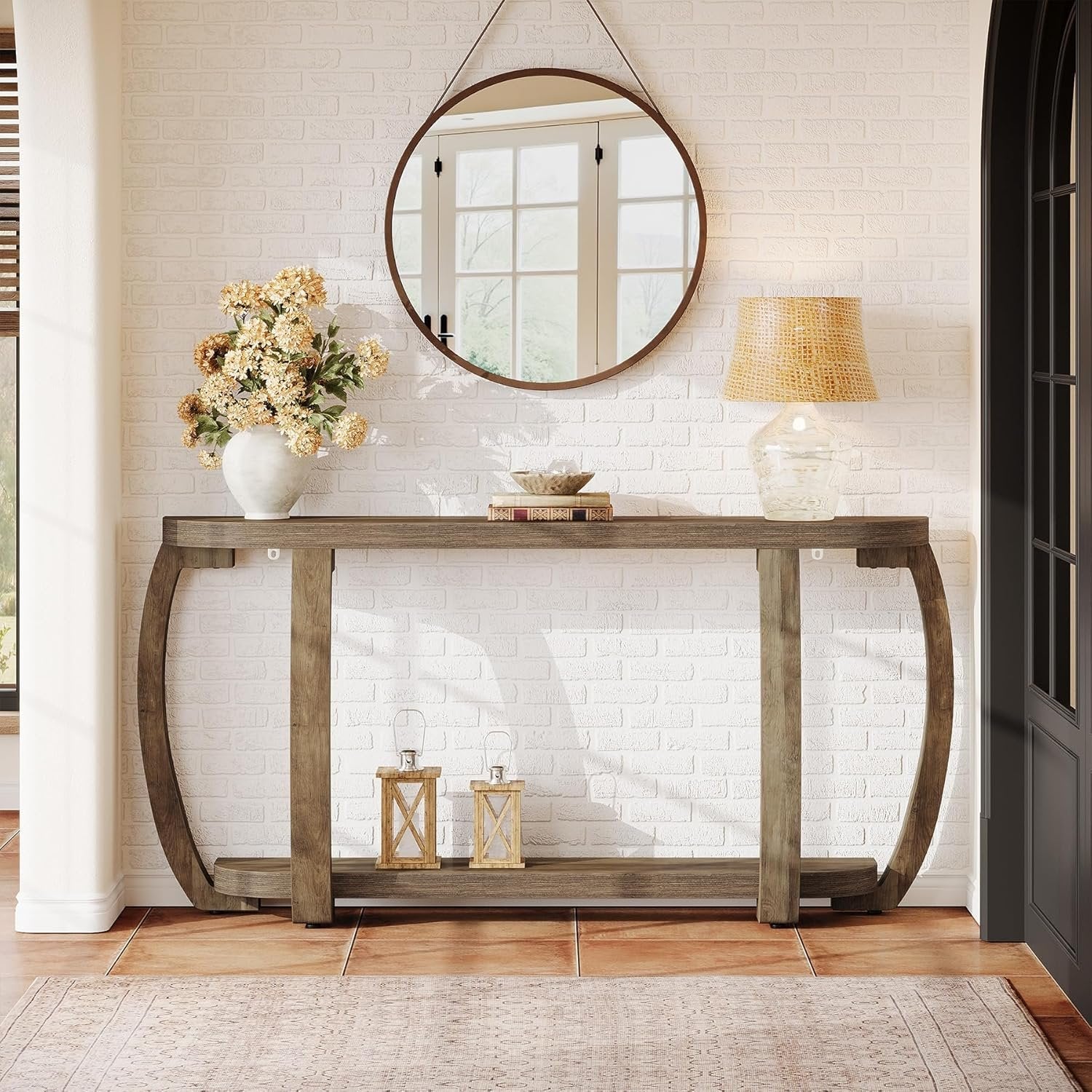 63" Farmhouse Console Table, Wooden Sofa Entryway Table with Curved Legs