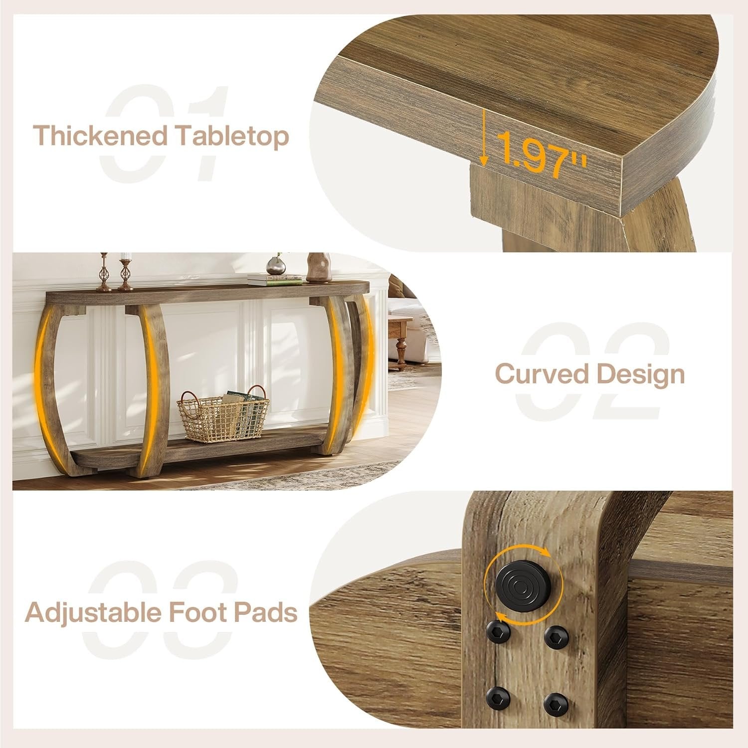 63" Farmhouse Console Table, Wooden Sofa Entryway Table with Curved Legs