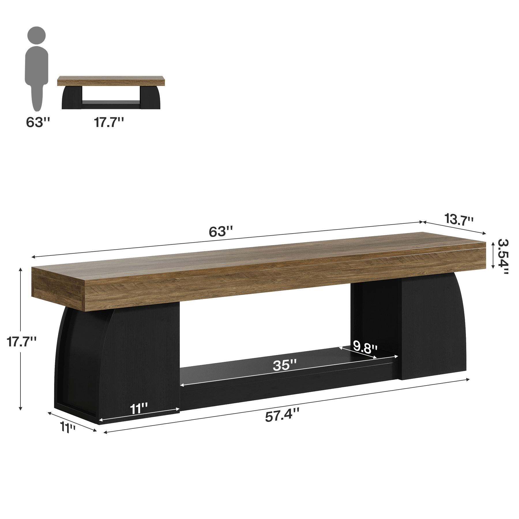63" Farmhouse Entryway Bench, 2-Tier Long End of Bed Bench with Studry Frame