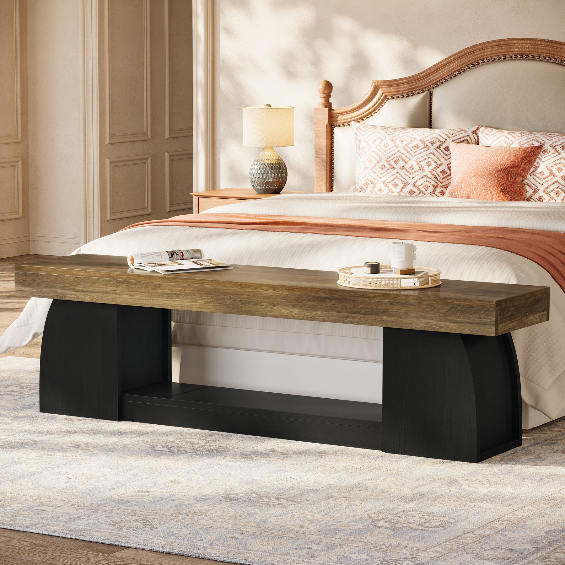 63" Farmhouse Entryway Bench, 2-Tier Long End of Bed Bench with Studry Frame