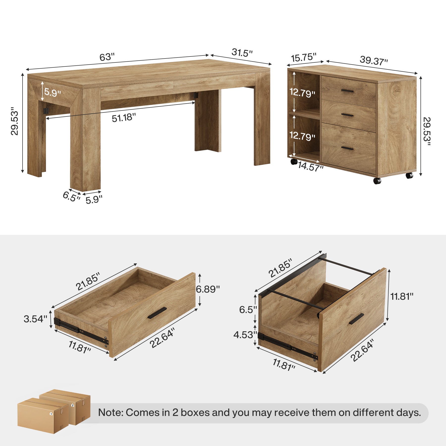 63" L-Shaped Desk, Executive Office Desk with Mobile Lateral File Cabinet
