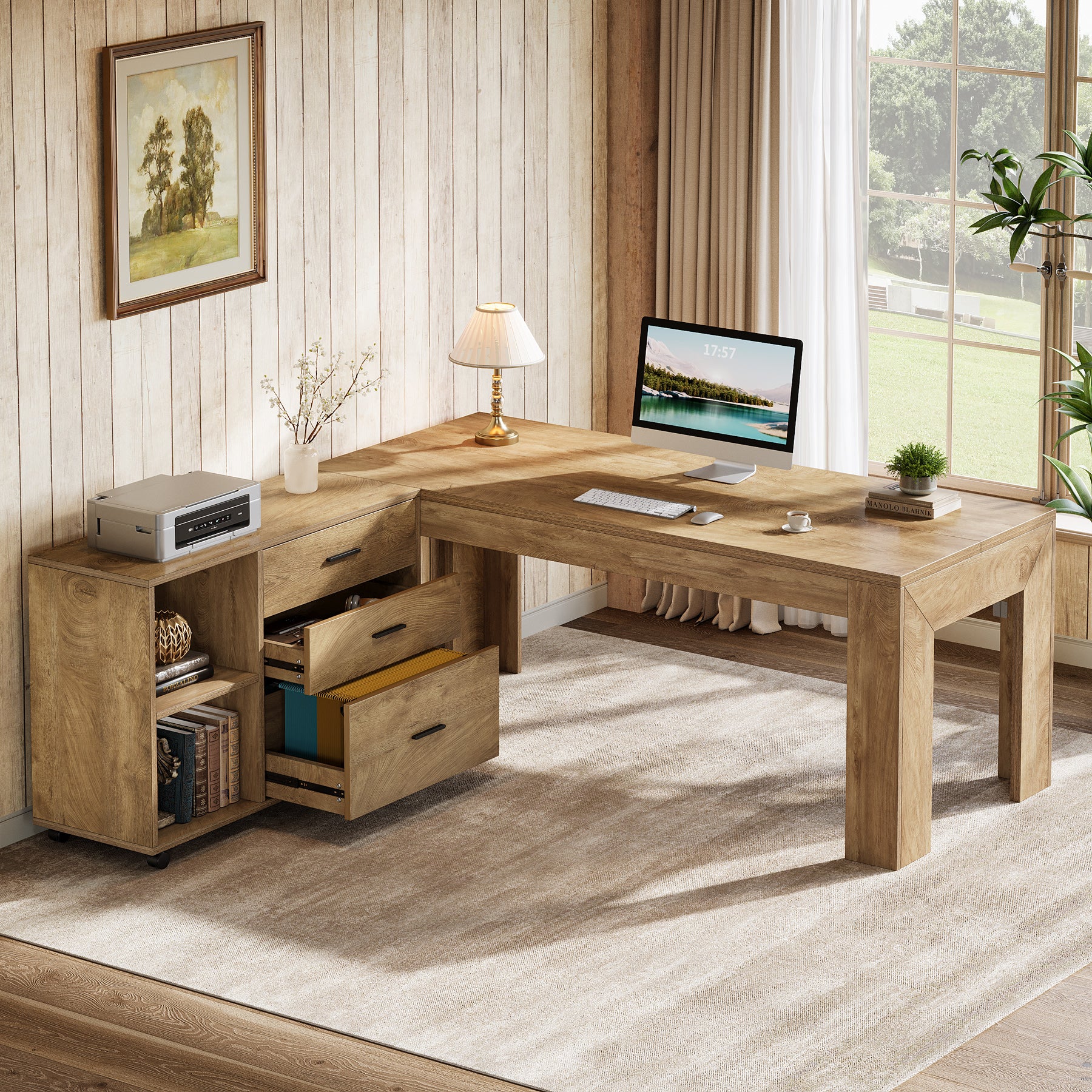 63" L-Shaped Desk, Executive Office Desk with Mobile Lateral File Cabinet