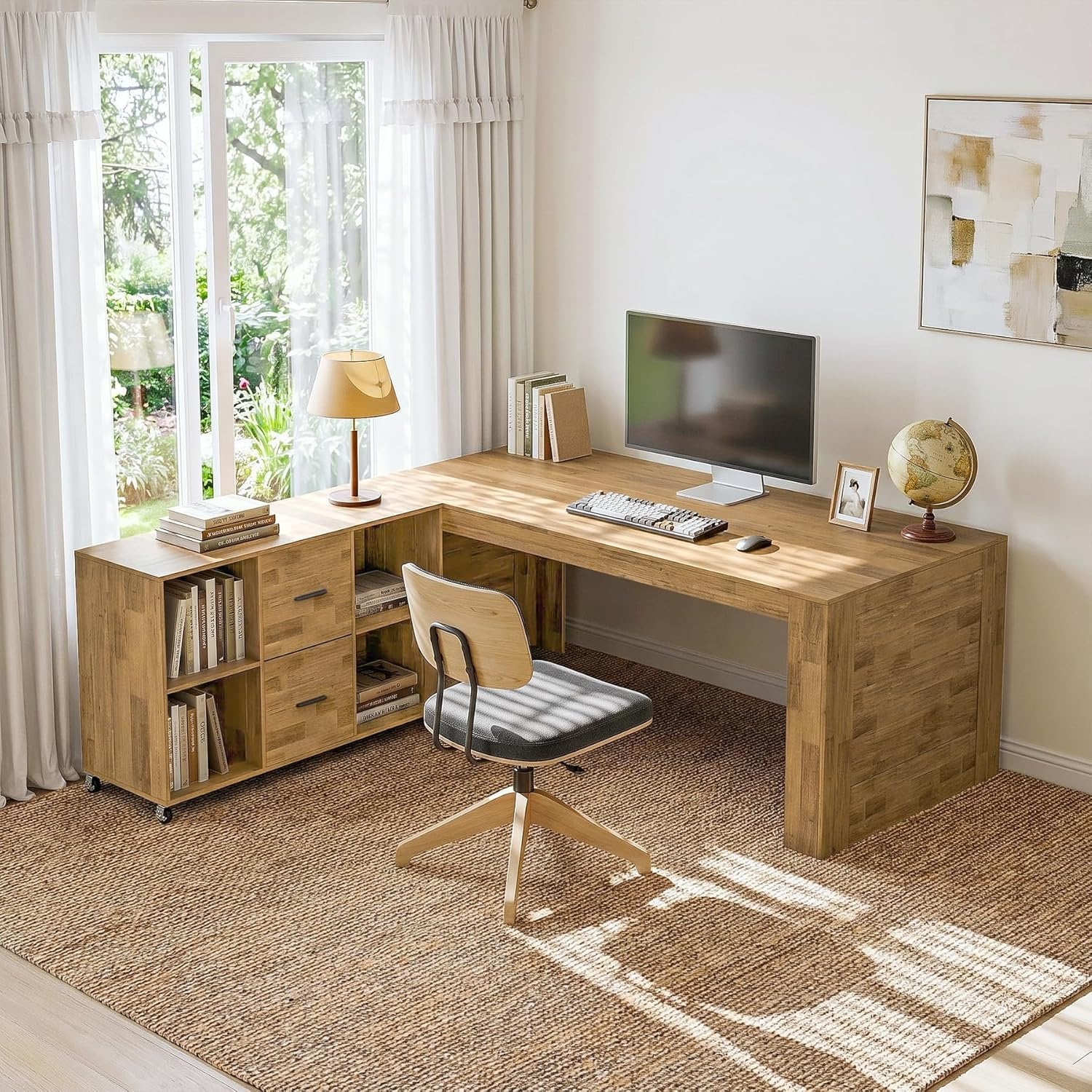 63" L Shaped Desk, Executive Office Desk with with Storage