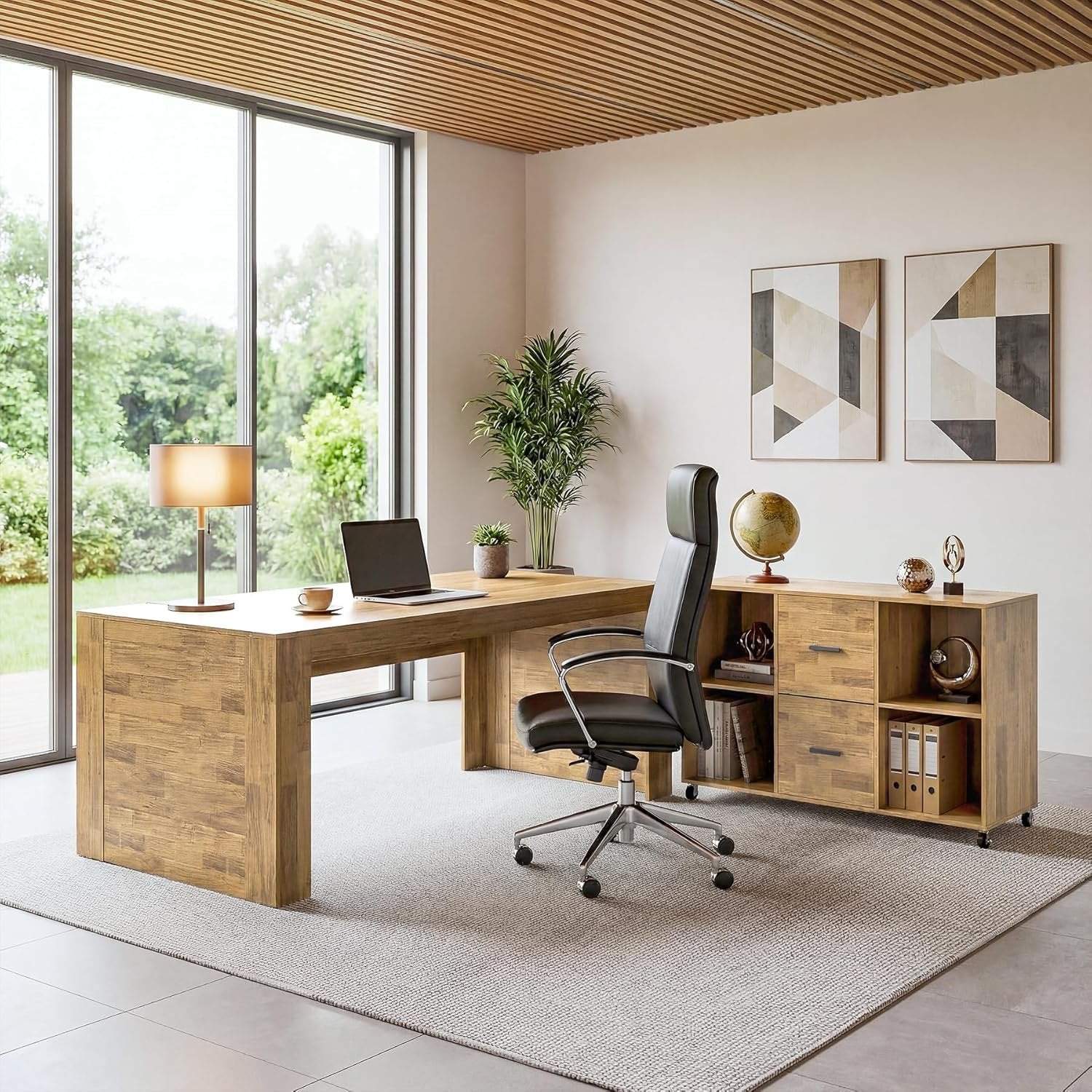 63" L Shaped Desk, Executive Office Desk with with Storage