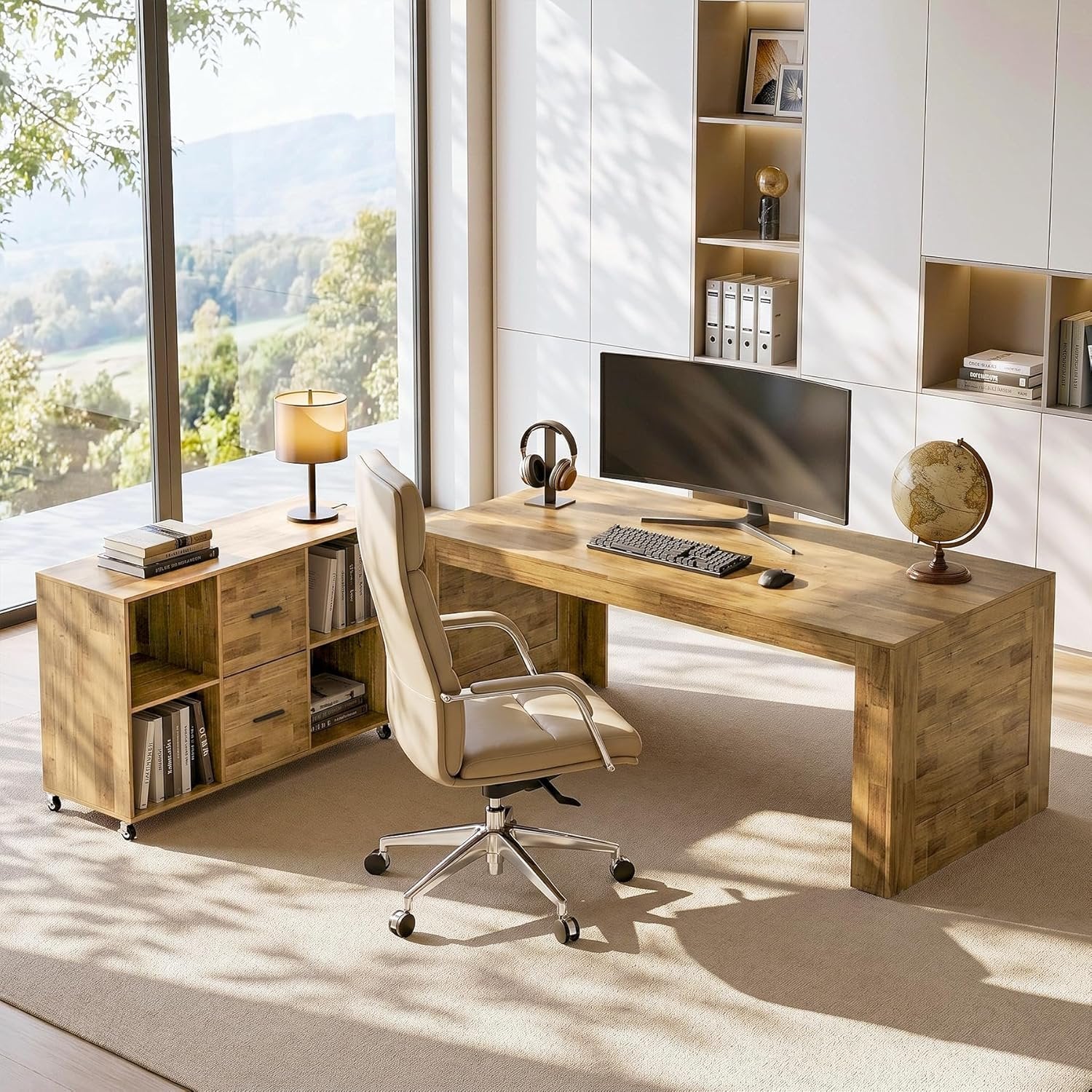 63" L Shaped Desk, Executive Office Desk with with Storage