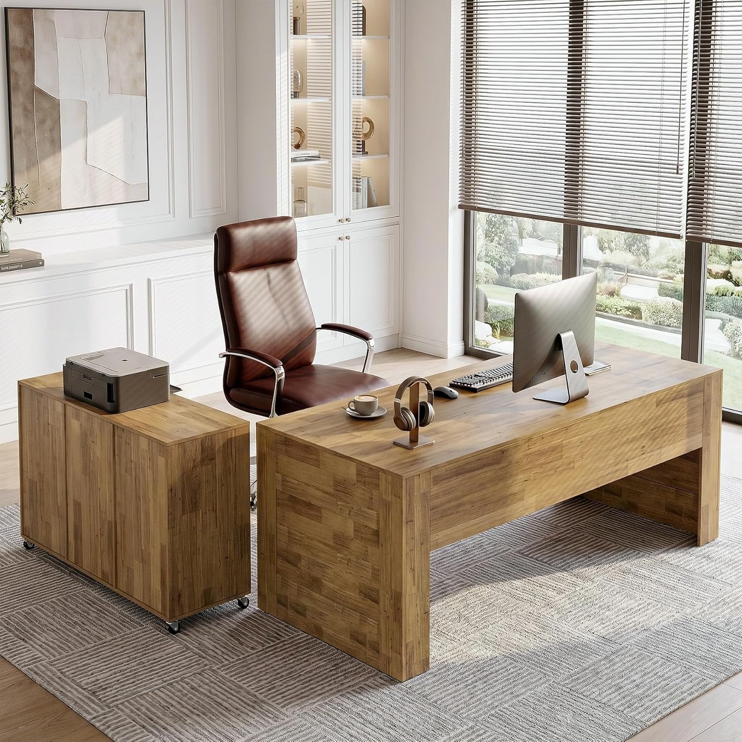 63" L Shaped Desk, Executive Office Desk with with Storage