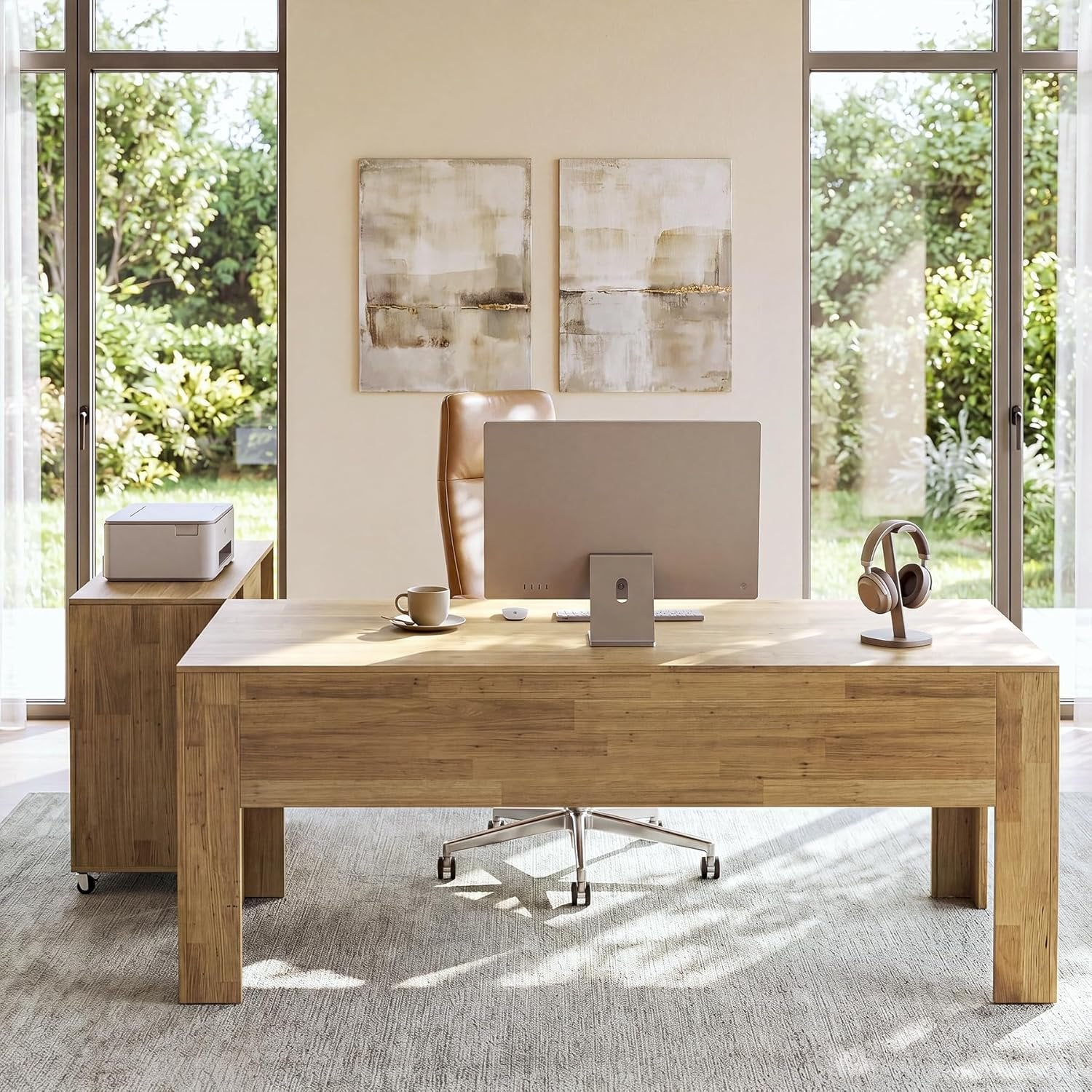 63" L Shaped Desk, Executive Office Desk with with Storage