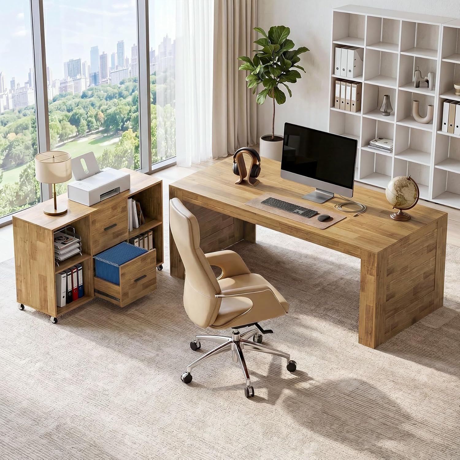 63" L Shaped Desk, Executive Office Desk with with Storage