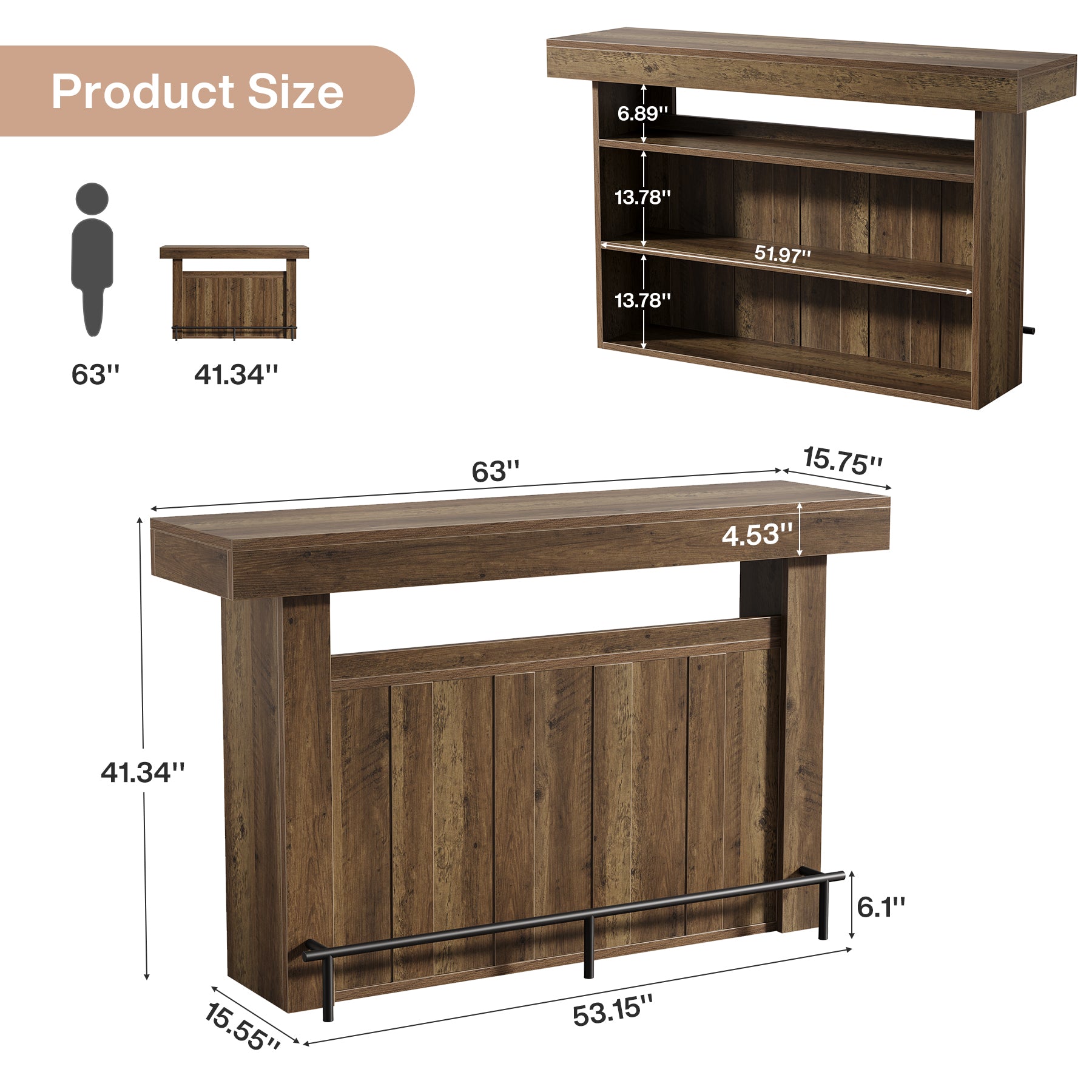 63" Modern Bar Table, 4-Tier Counter Height Pub Table with Storage Shelves