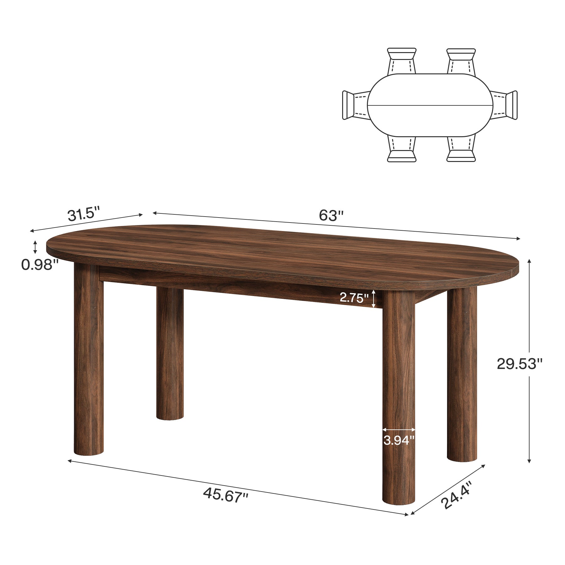 63" Oval Dining Table, Kitchen Dinner Table with Arc-Shaped Edge Top for 6