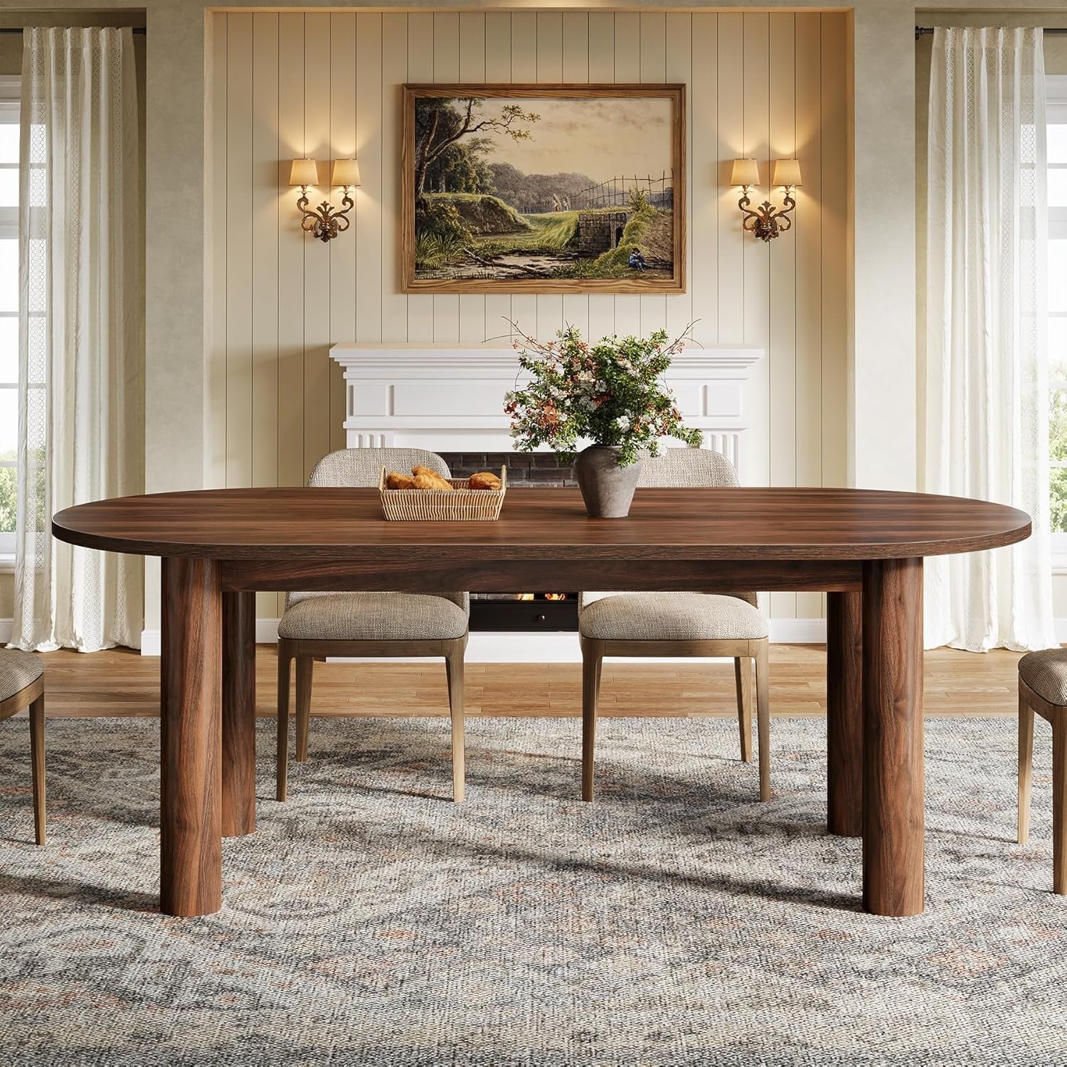 63" Oval Dining Table, Kitchen Dinner Table with Arc-Shaped Edge Top for 6