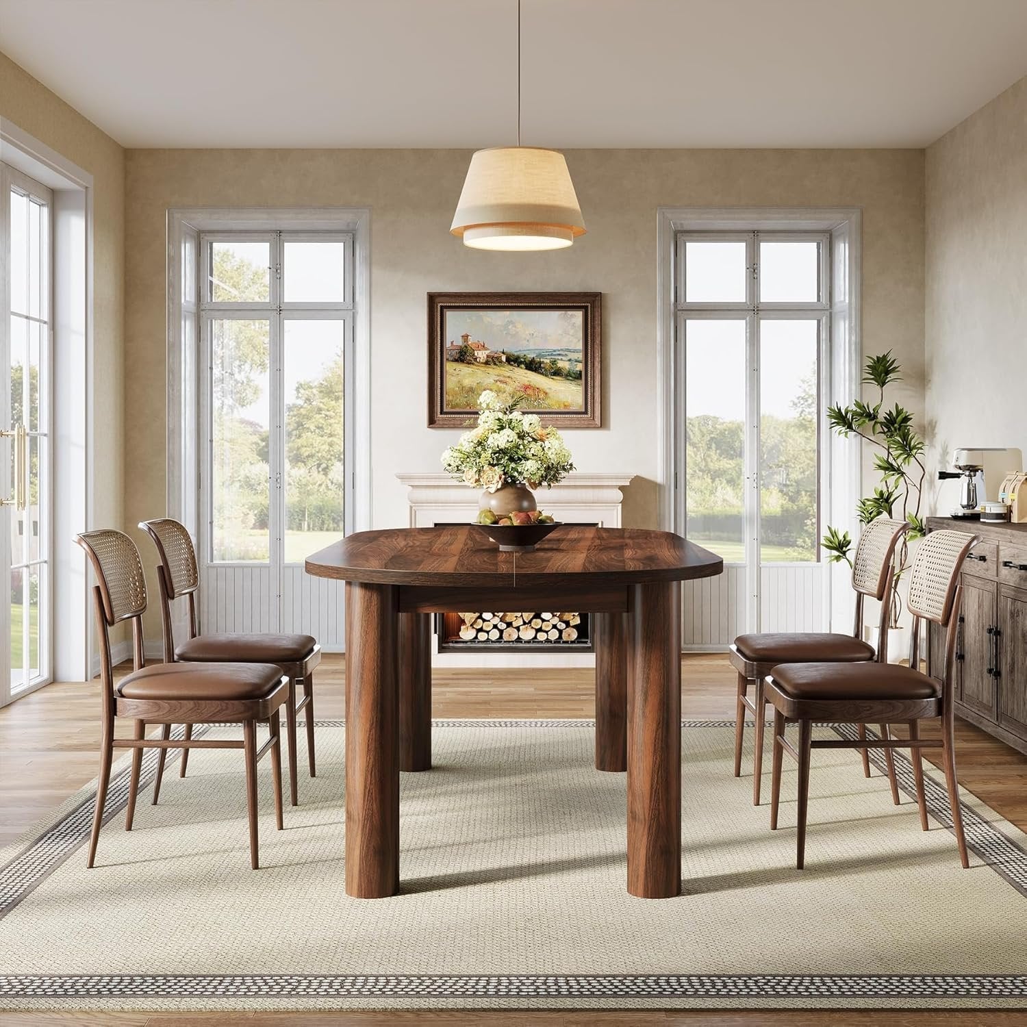 63" Oval Dining Table, Kitchen Dinner Table with Arc-Shaped Edge Top for 6