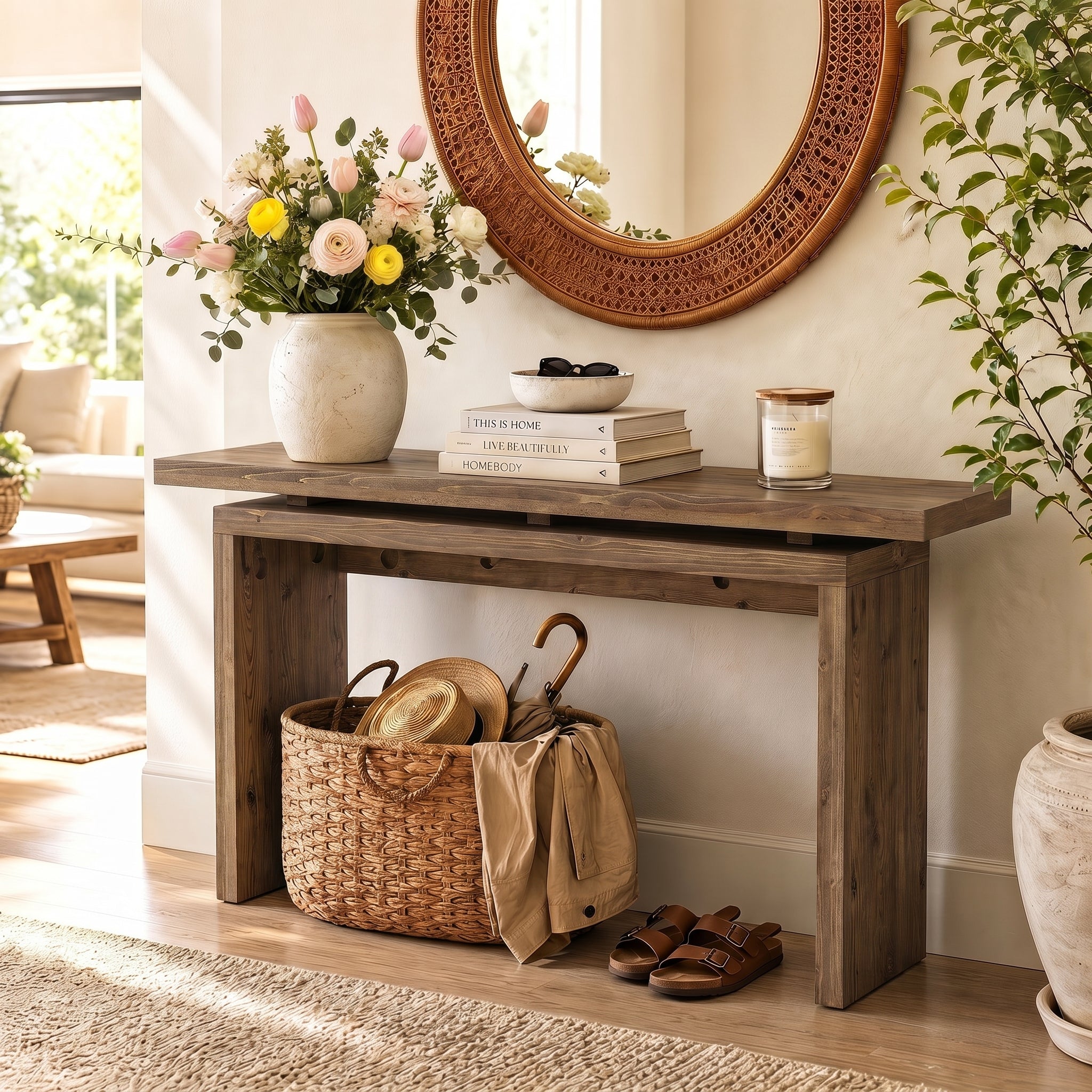63“ Solid Wood Console Table, Farmhouse Narrow Long Sofa Table Behind the Couch for Living Room