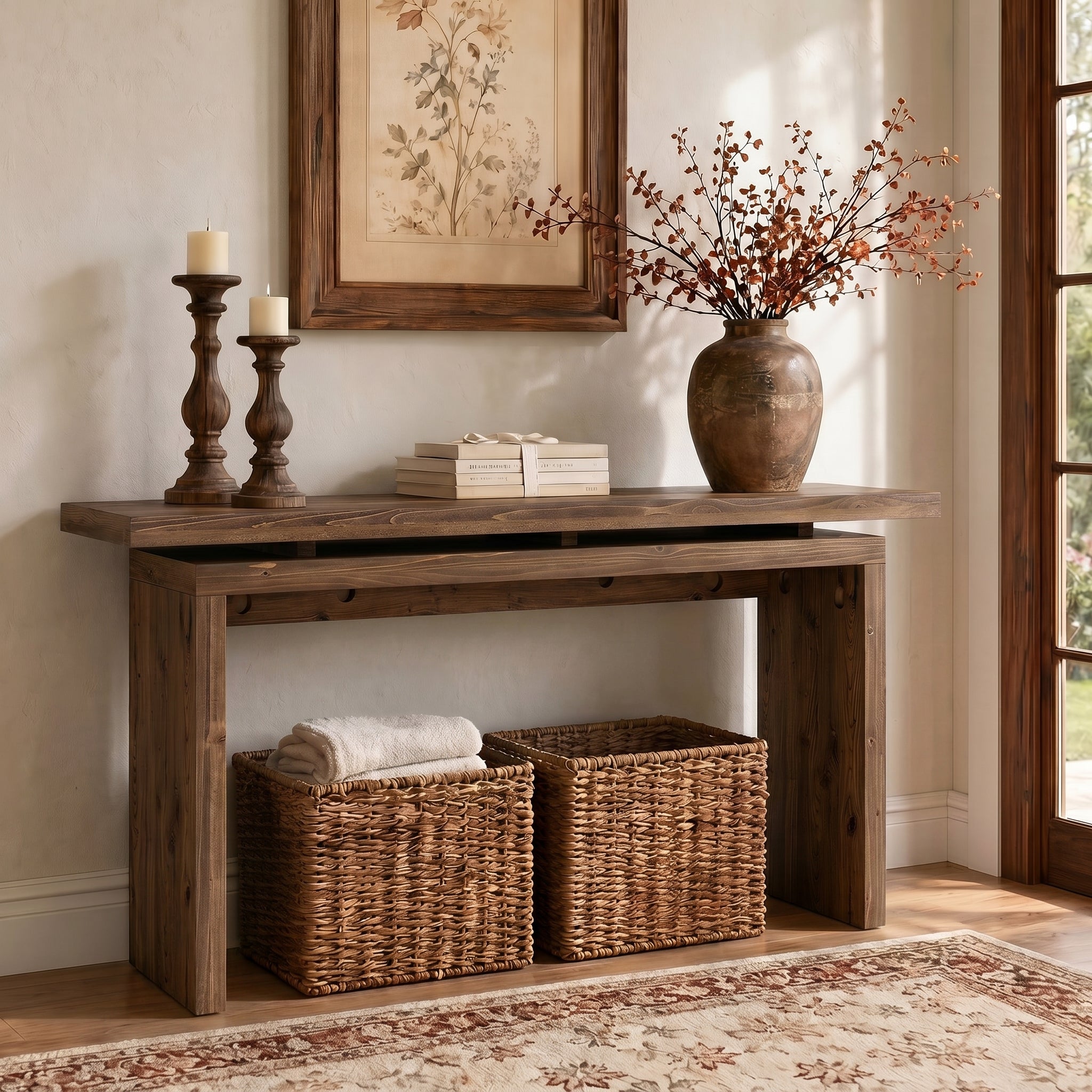 63“ Solid Wood Console Table, Farmhouse Narrow Long Sofa Table Behind the Couch for Living Room