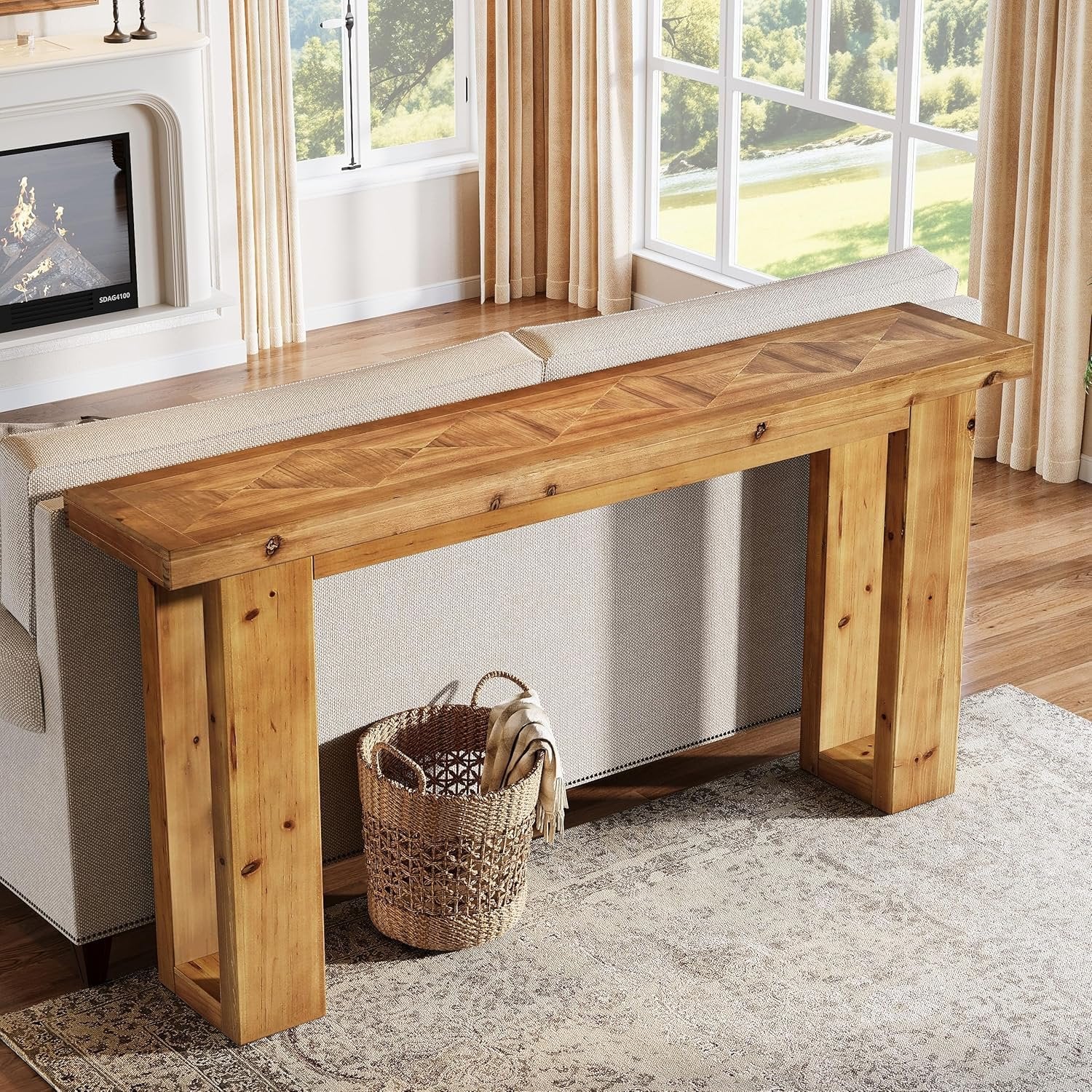 63" Solid Wood Console Table, Farmhouse Rectangular Sofa Table Behind The Couch