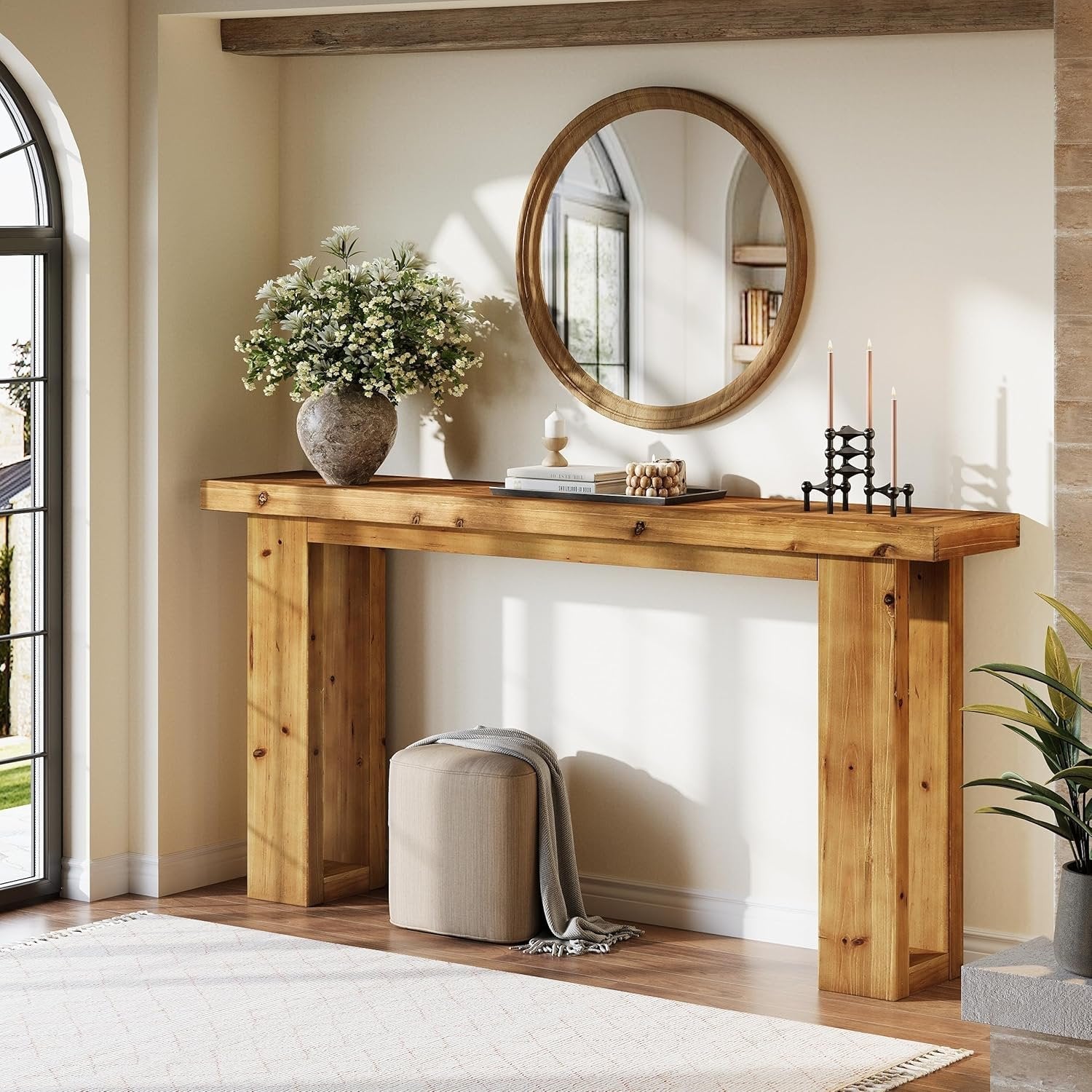 63" Solid Wood Console Table, Farmhouse Rectangular Sofa Table Behind The Couch