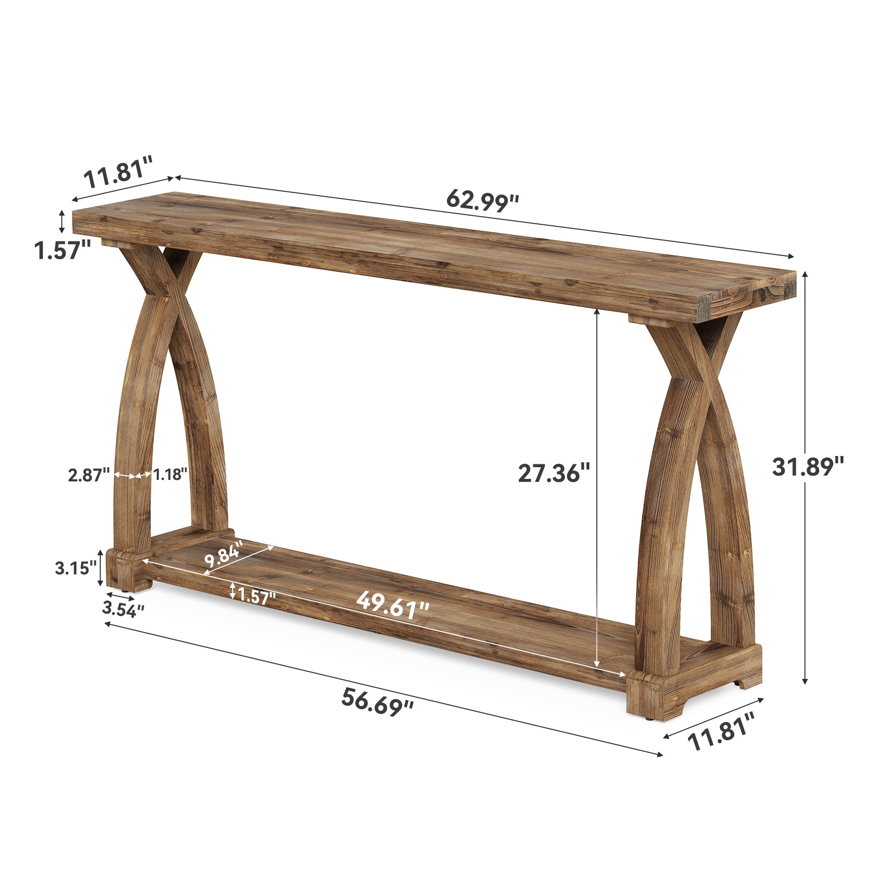 63" Solid Wood Console Table, Narrow Sofa Entryway Table with 2-Tier Storage