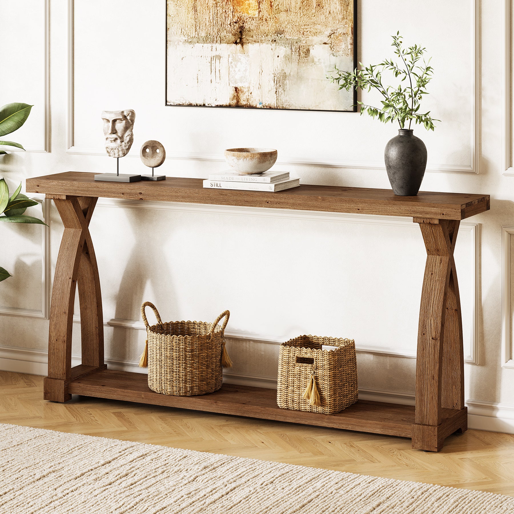 63" Solid Wood Console Table, Narrow Sofa Entryway Table with 2-Tier Storage