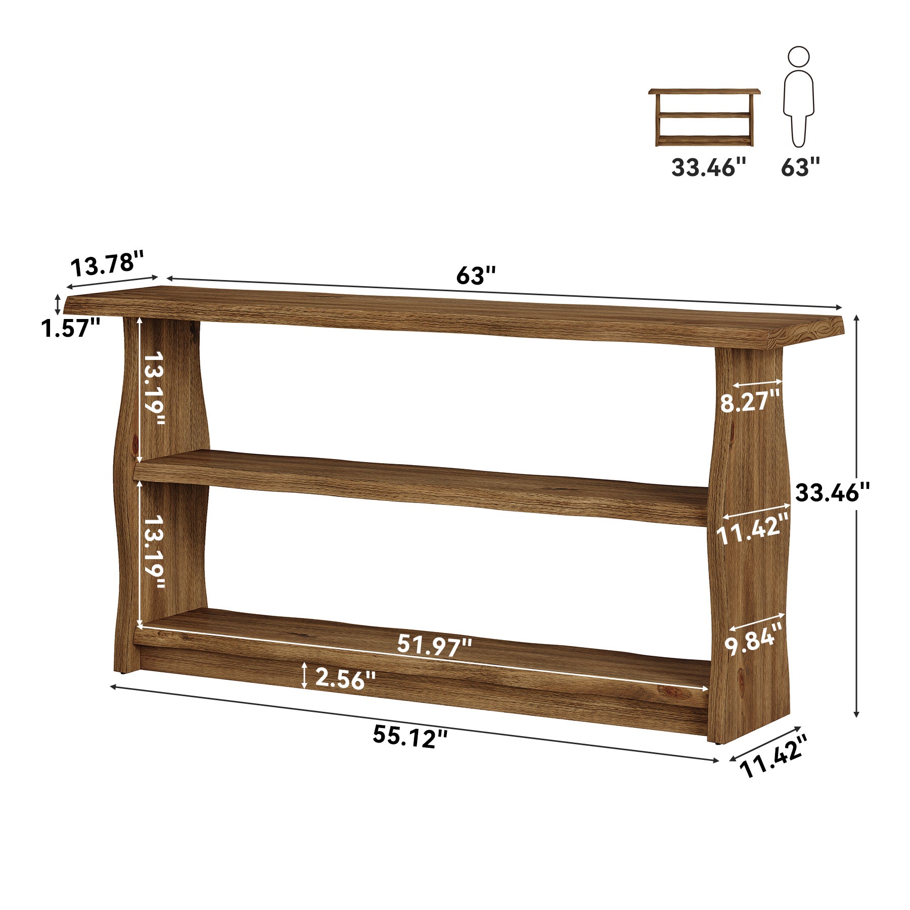 63" Solid Wood Console Table, Rustic 3-Tier Entryway Table with Storage Shelves
