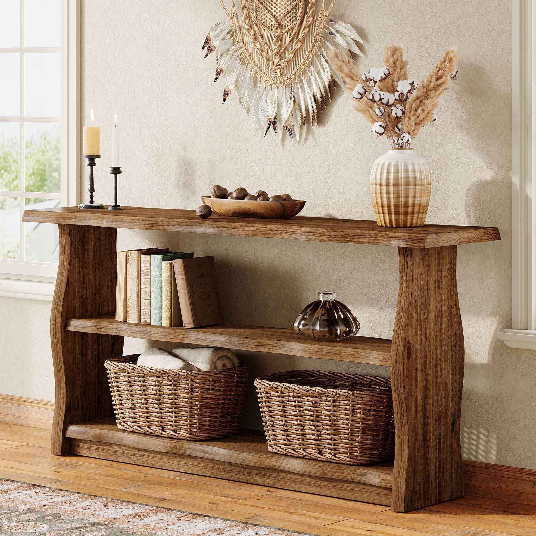 63" Solid Wood Console Table, Rustic 3-Tier Entryway Table with Storage Shelves