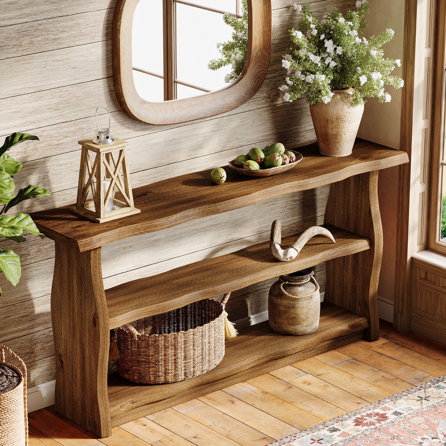 63" Solid Wood Console Table, Rustic 3-Tier Entryway Table with Storage Shelves