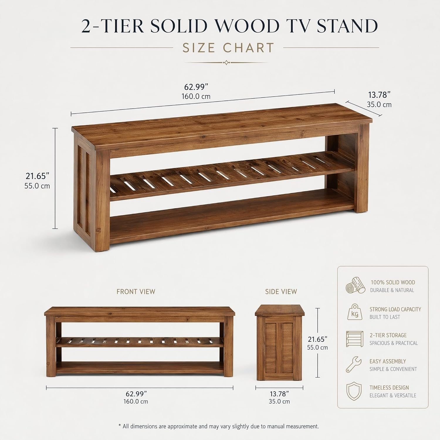 63" Solid Wood TV Stand, Rustic Entertainment Center for TVs Up to 75 Inch for Living Room