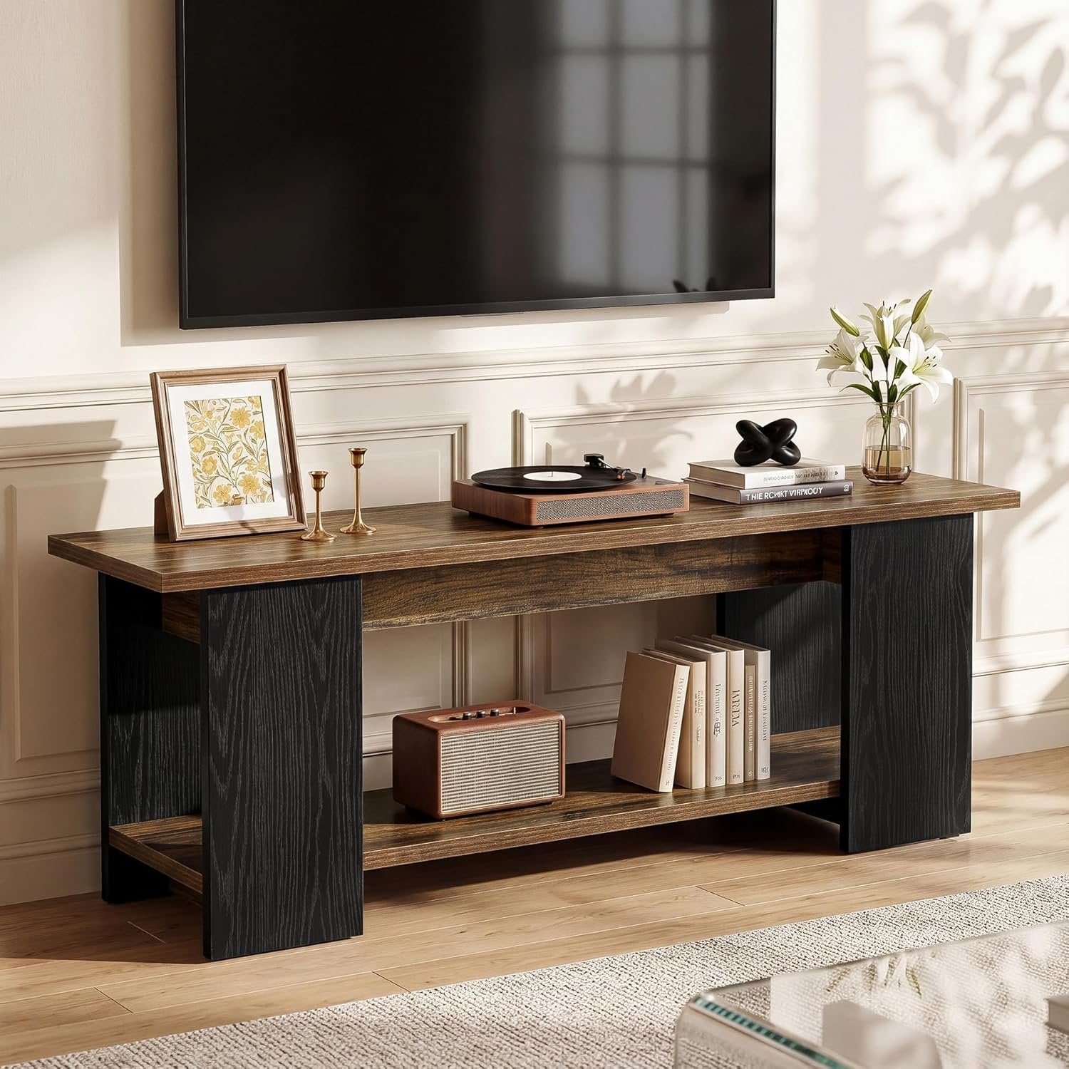 63" TV Stand Console, Farmhouse Entertainment Center with Open Shelves for 55-75-Inch TVs