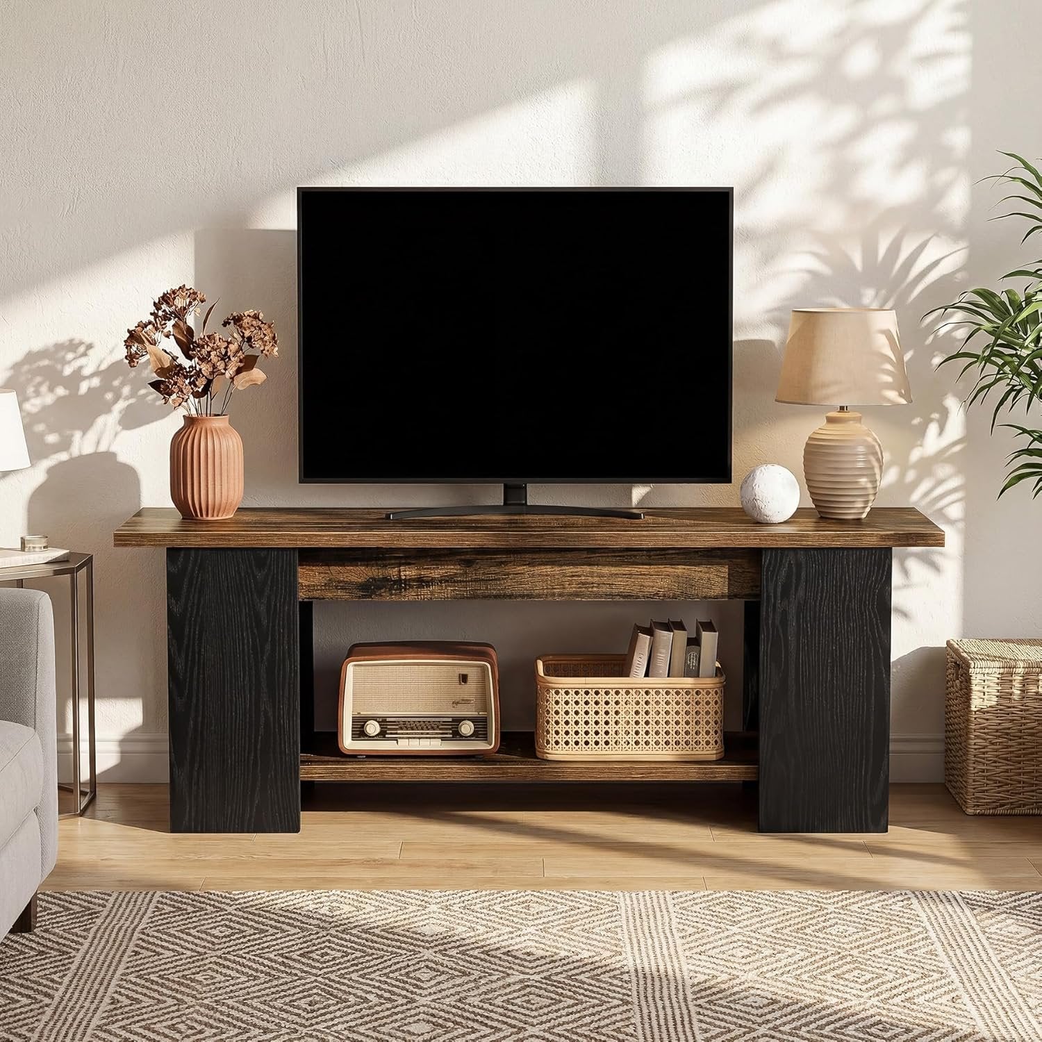 63" TV Stand Console, Farmhouse Entertainment Center with Open Shelves for 55-75-Inch TVs