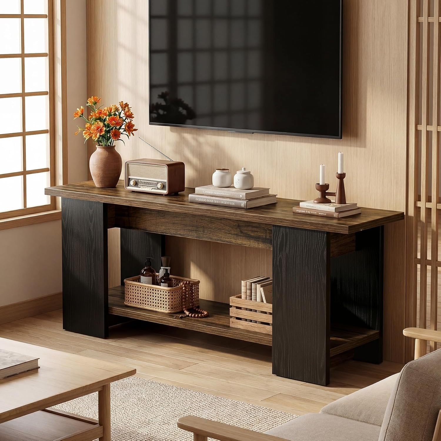 63" TV Stand Console, Farmhouse Entertainment Center with Open Shelves for 55-75-Inch TVs