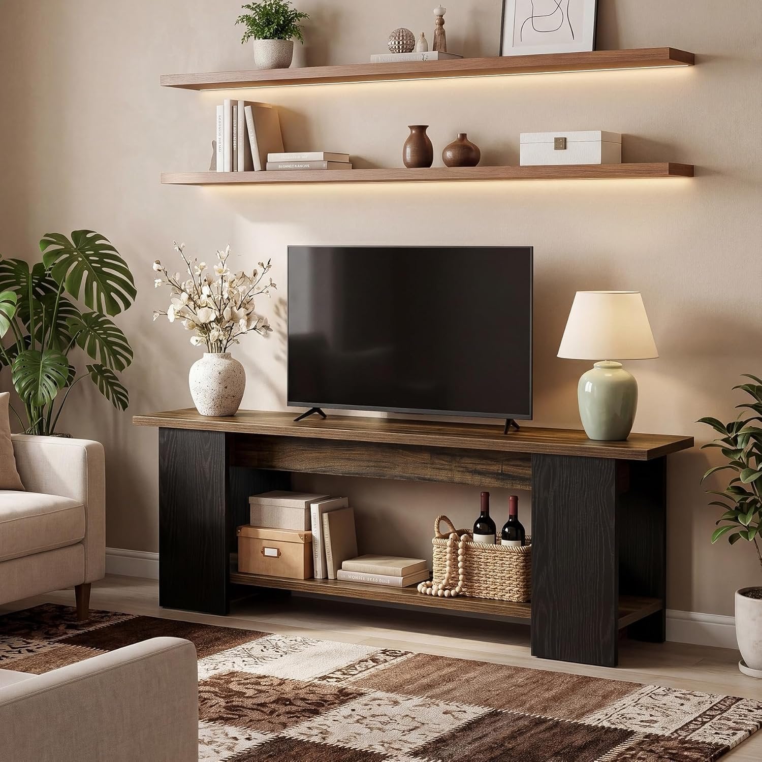 63" TV Stand Console, Farmhouse Entertainment Center with Open Shelves for 55-75-Inch TVs
