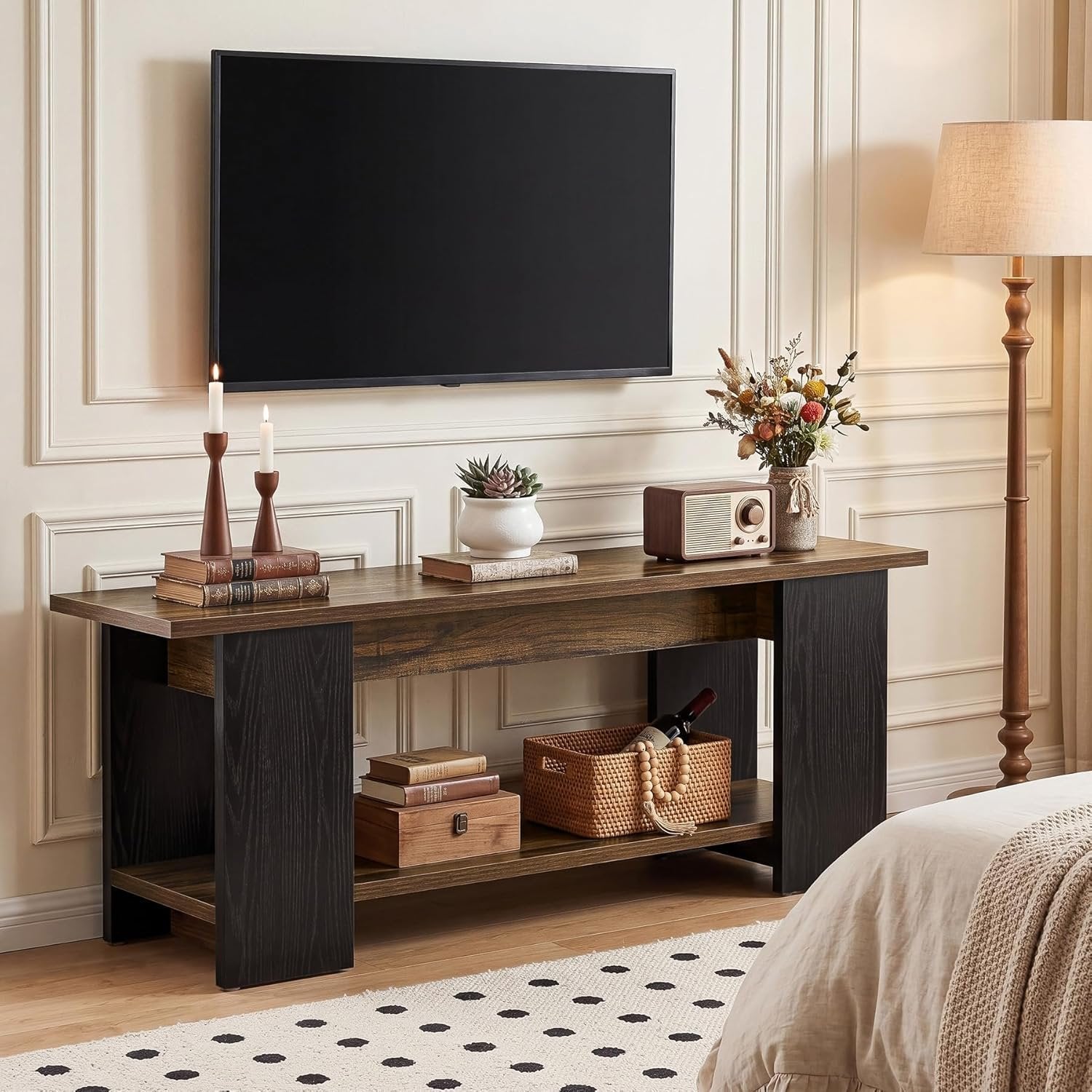 63" TV Stand Console, Farmhouse Entertainment Center with Open Shelves for 55-75-Inch TVs