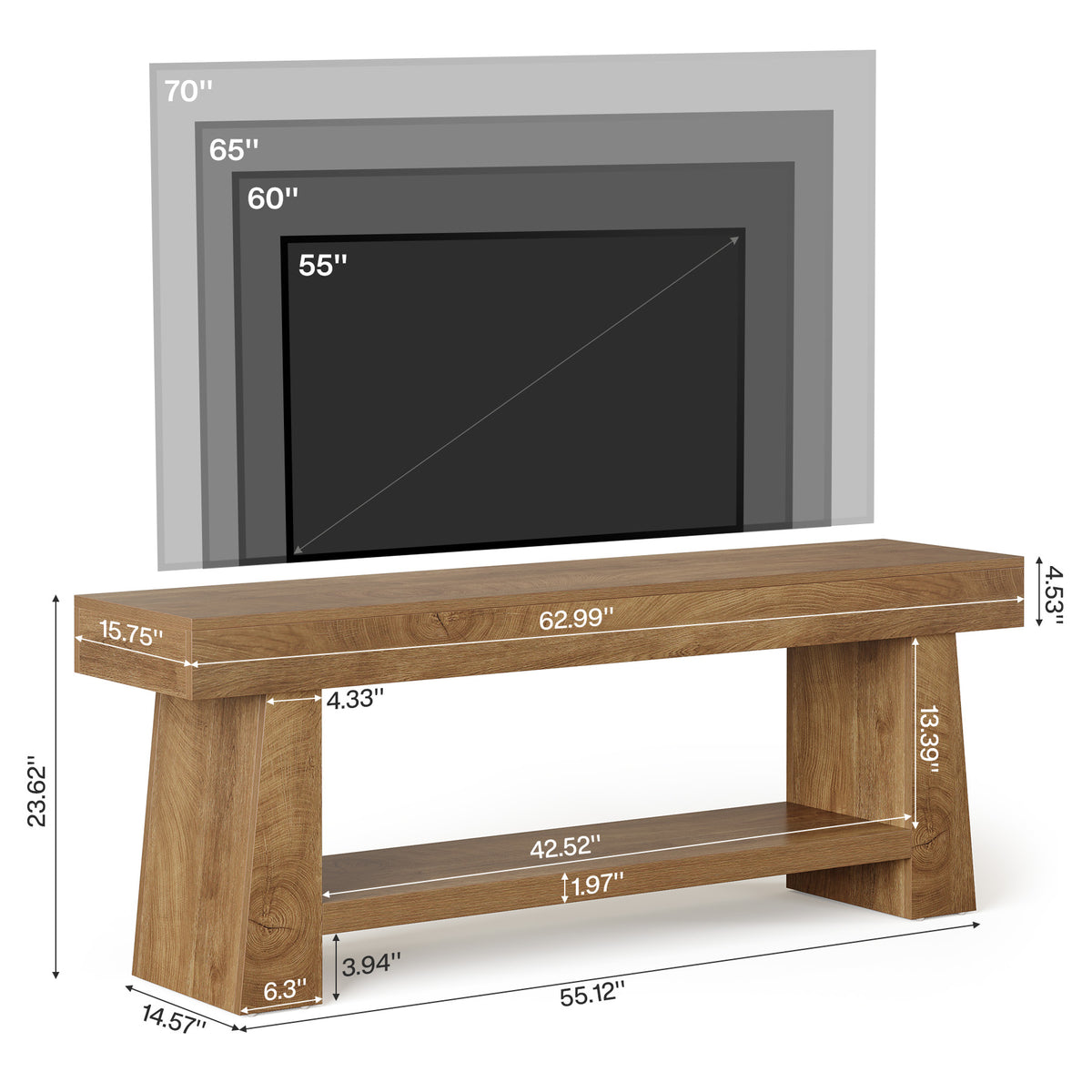 63" TV Stand, Farmhouse Entertainment Center with 2-Tier Shelf for 55"-75" TVs