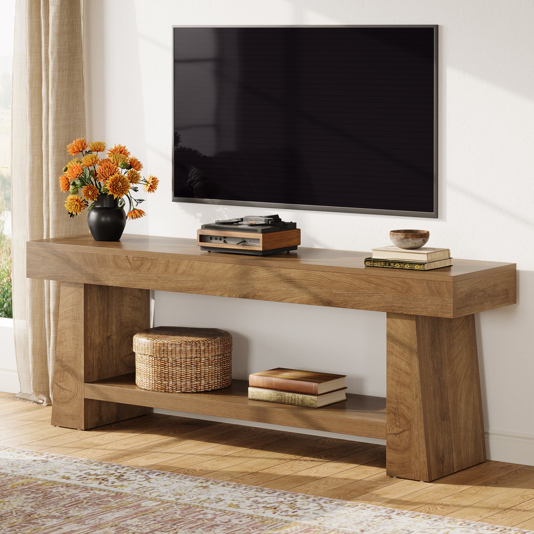 63" TV Stand, Farmhouse Entertainment Center with 2-Tier Shelf for 55"-75" TVs