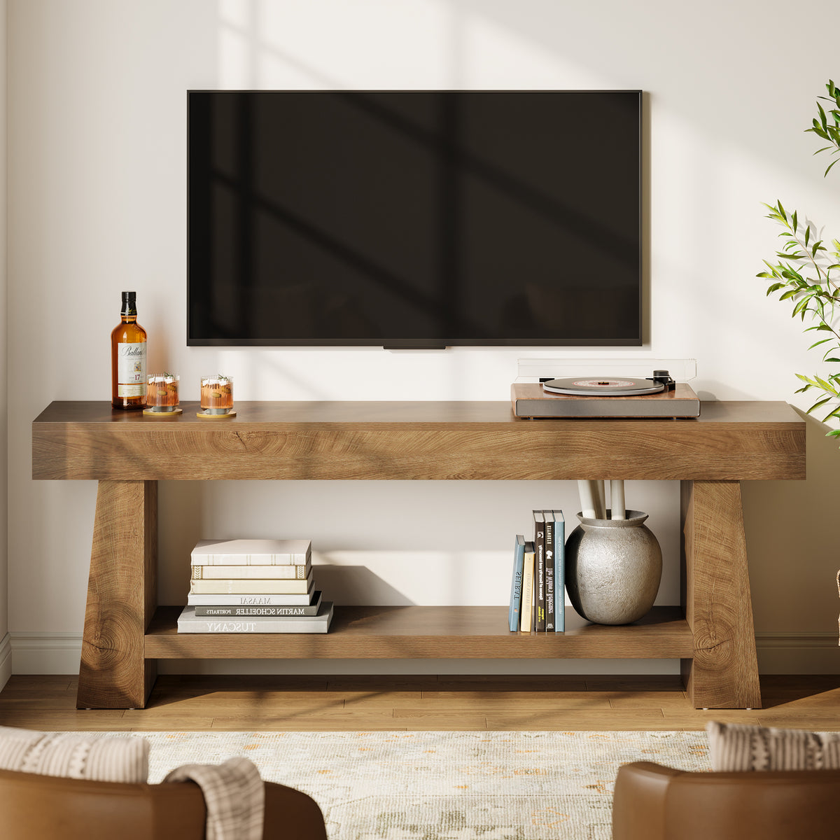63" TV Stand, Farmhouse Entertainment Center with 2-Tier Shelf for 55"-75" TVs