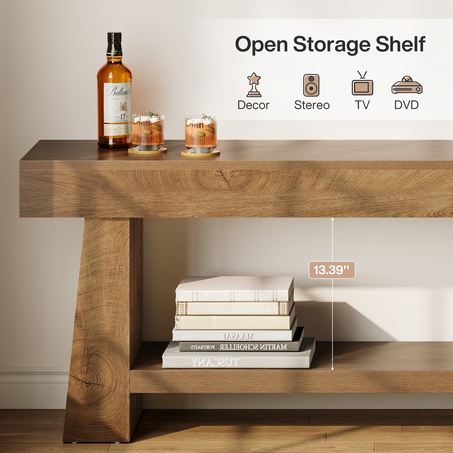 63" TV Stand, Farmhouse Entertainment Center with 2-Tier Shelf for 55"-75" TVs