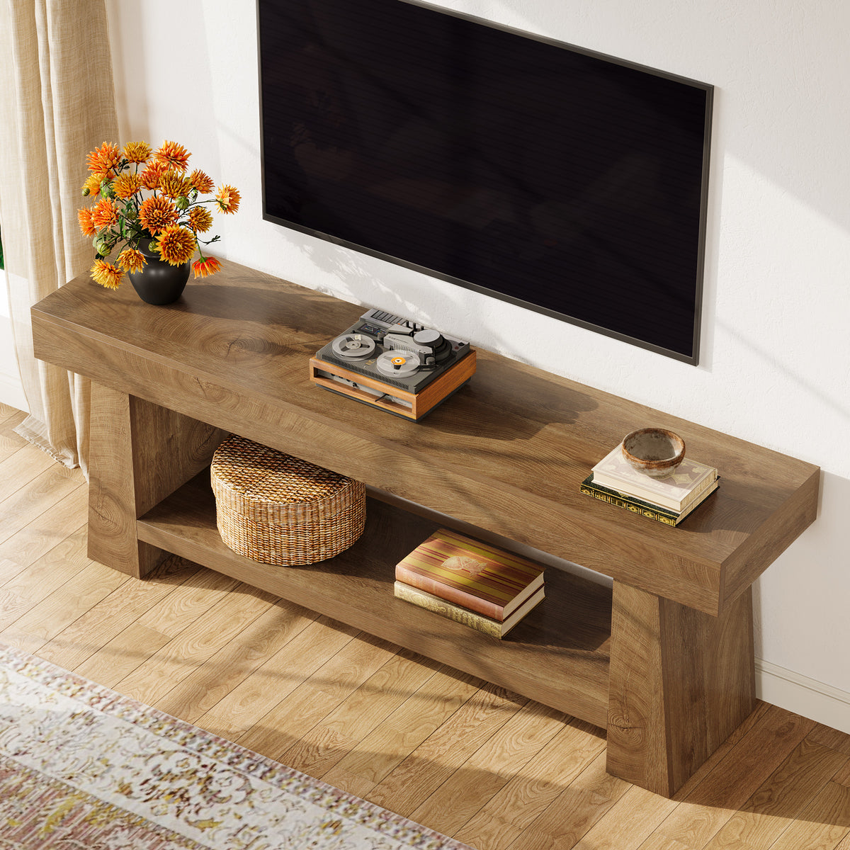 63" TV Stand, Farmhouse Entertainment Center with 2-Tier Shelf for 55"-75" TVs